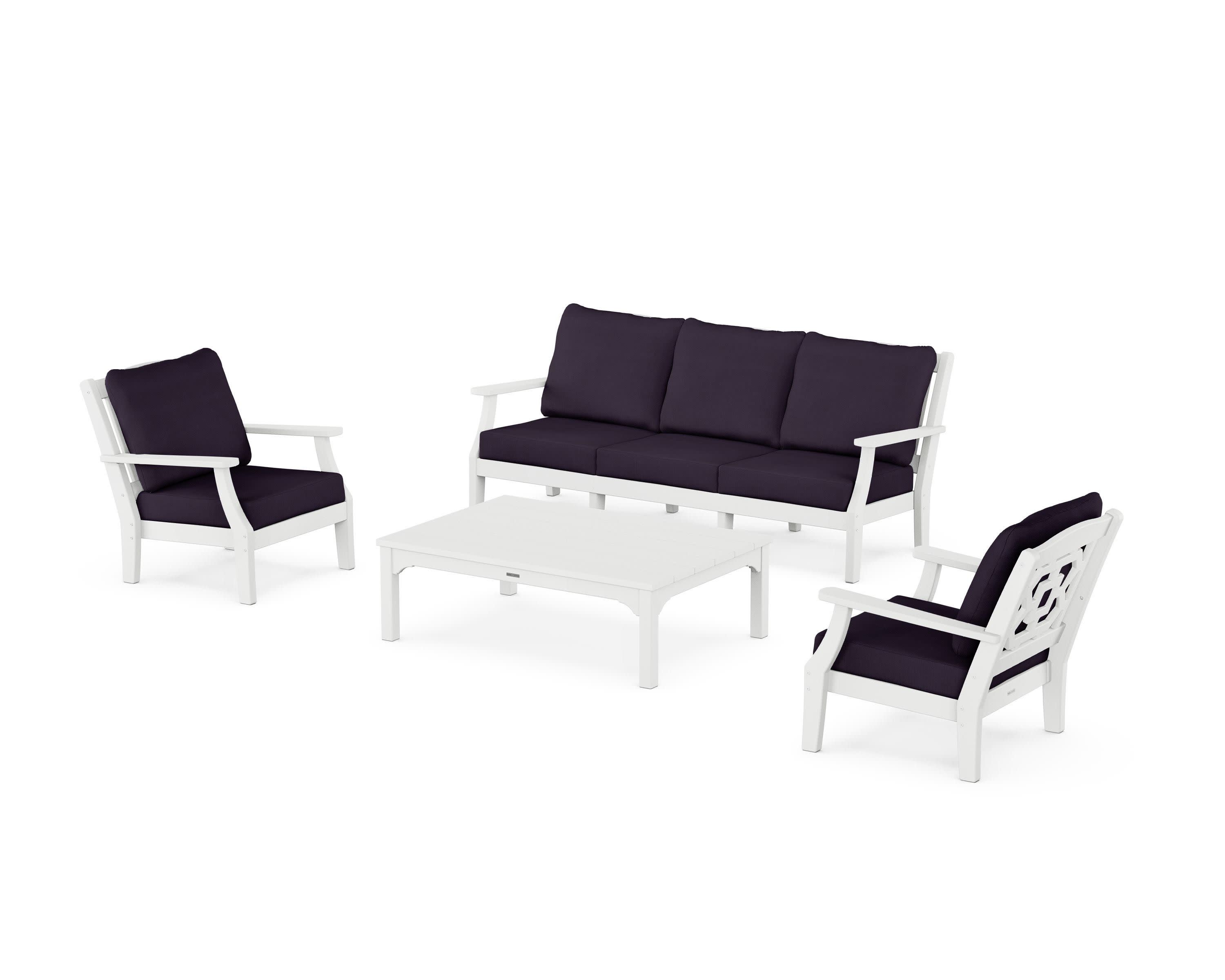 Chinoiserie 4-Piece Deep Seating Set with Sofa in White / Navy Linen