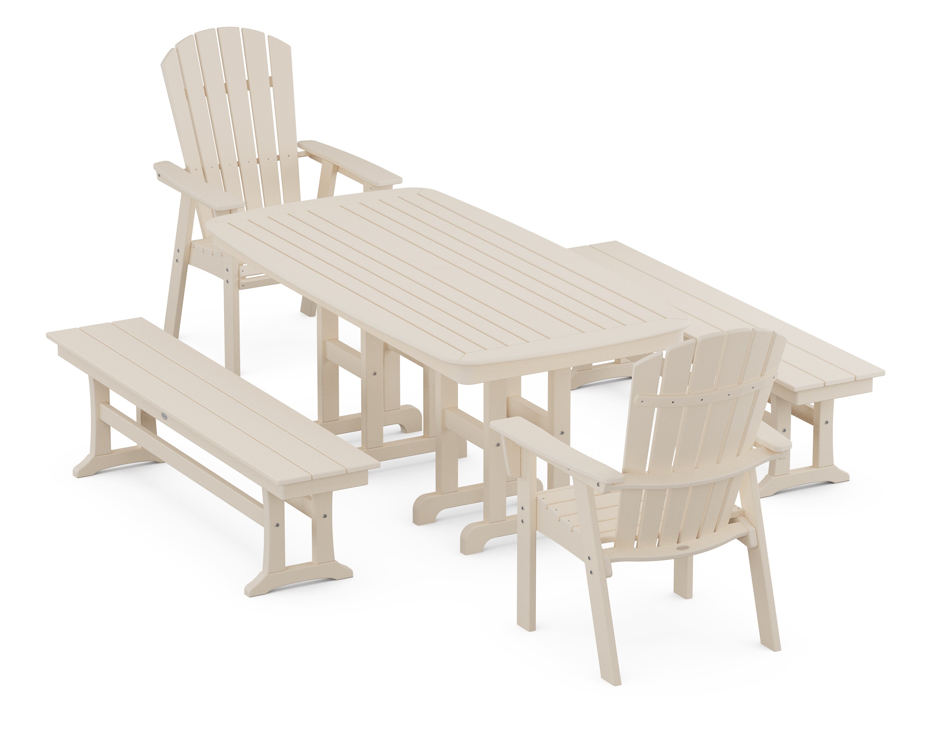 Nautical Curveback Adirondack 5-Piece Dining Set with Benches in Sand