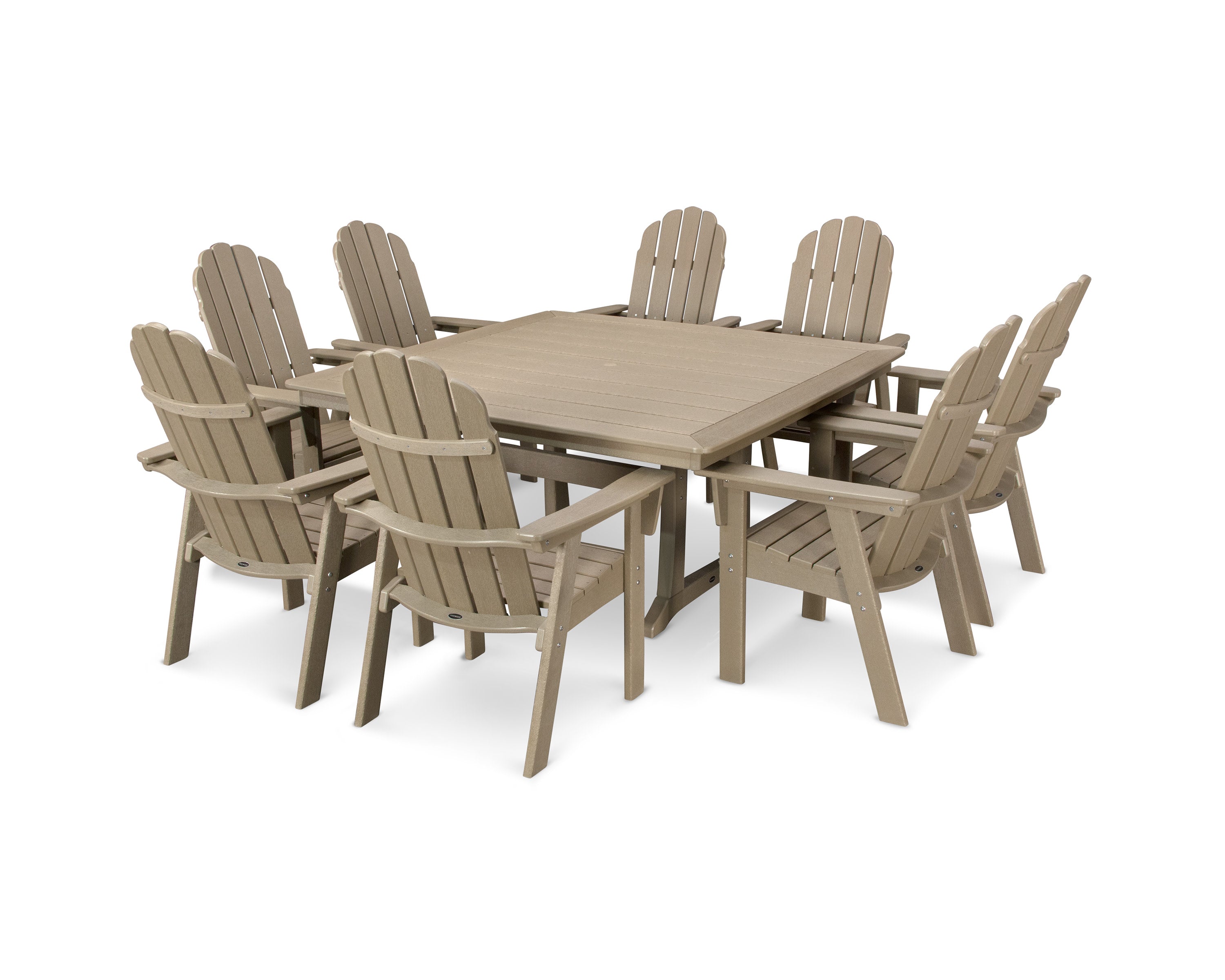 Vineyard Curveback Adirondack 9-Piece Nautical Trestle Dining Set in Vintage Sahara