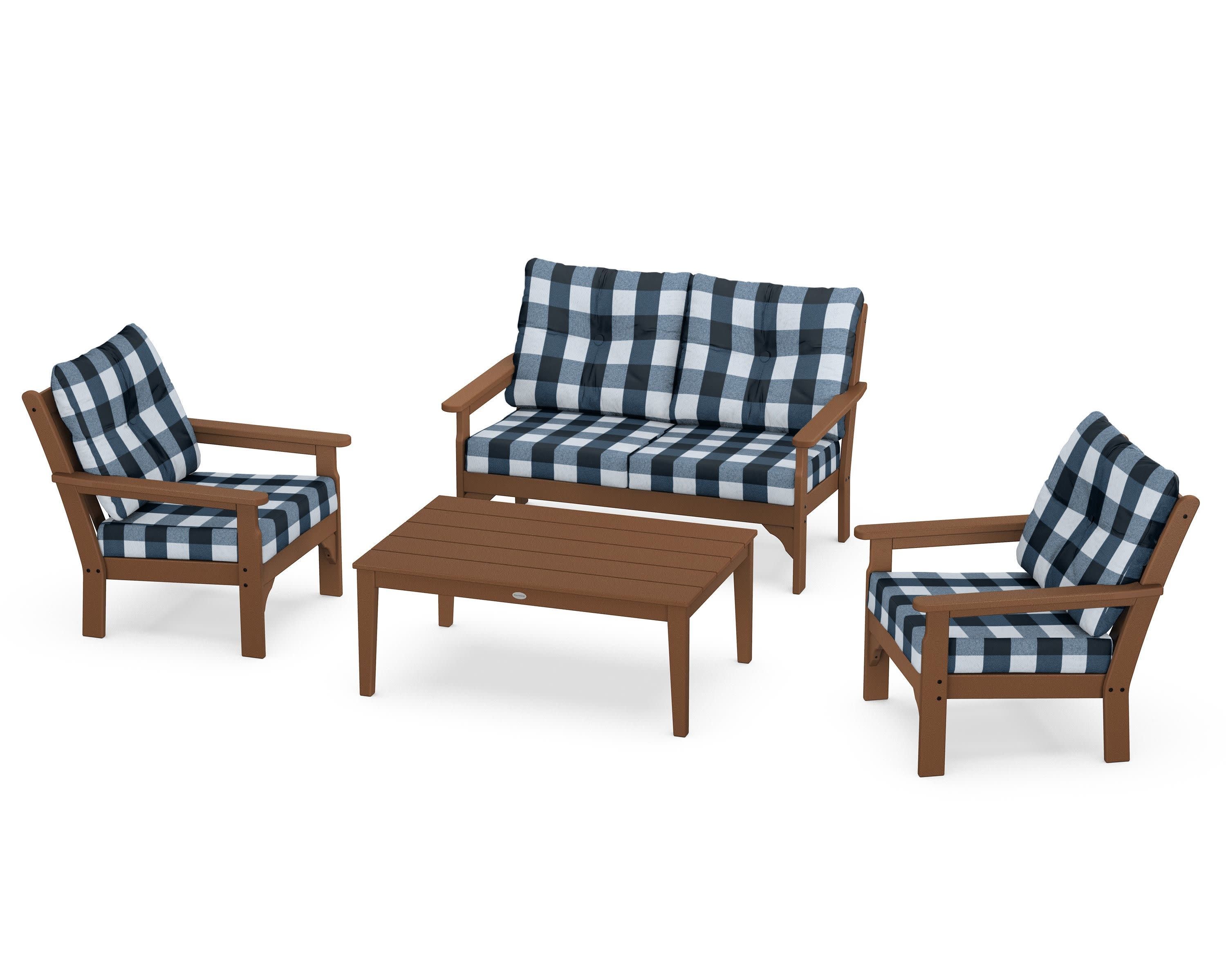 Vineyard 4-Piece Deep Seating Set in Teak / Buffalo Plaid Marine Indigo