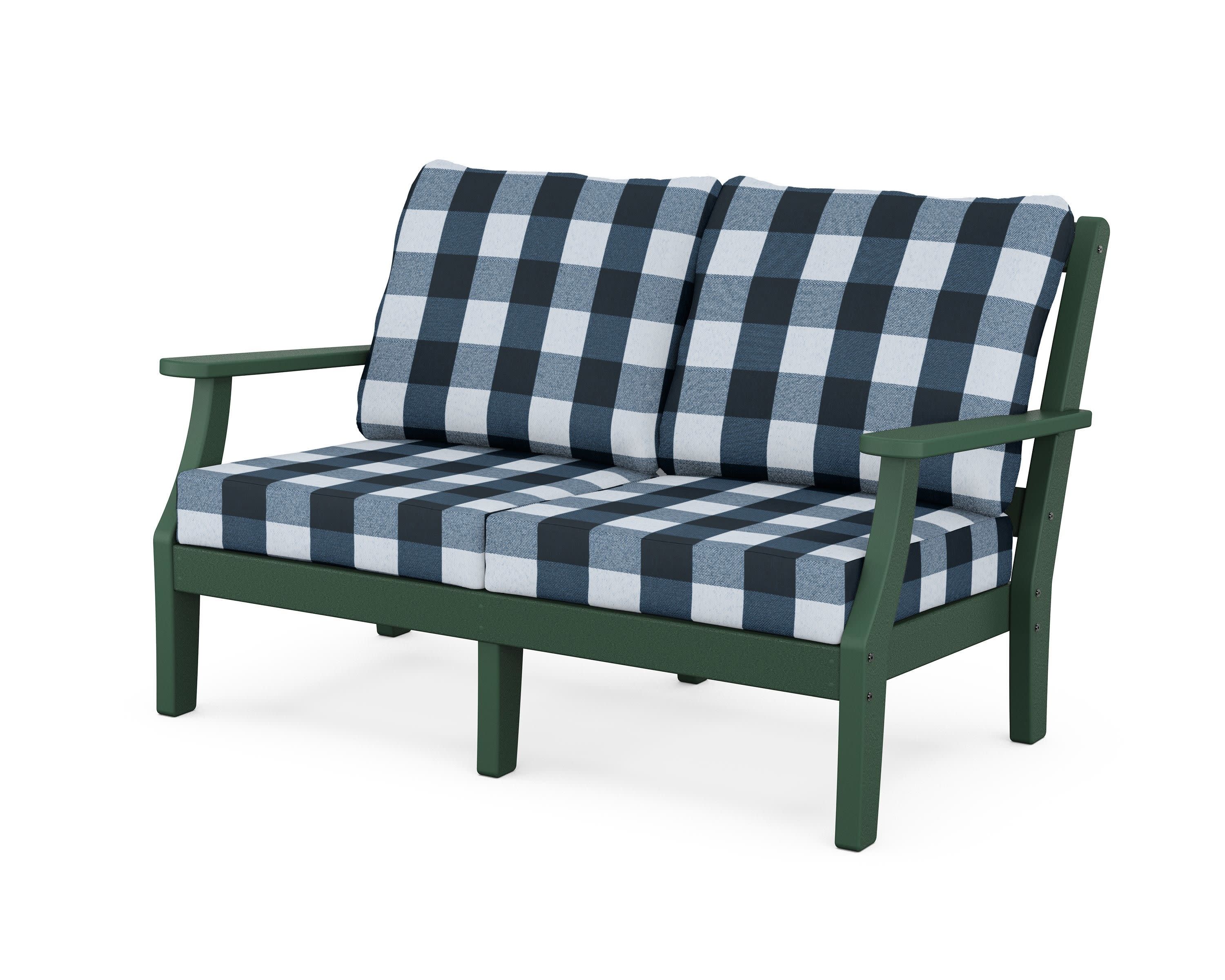 Chinoiserie Deep Seating Loveseat in Green / Buffalo Plaid Marine Indigo