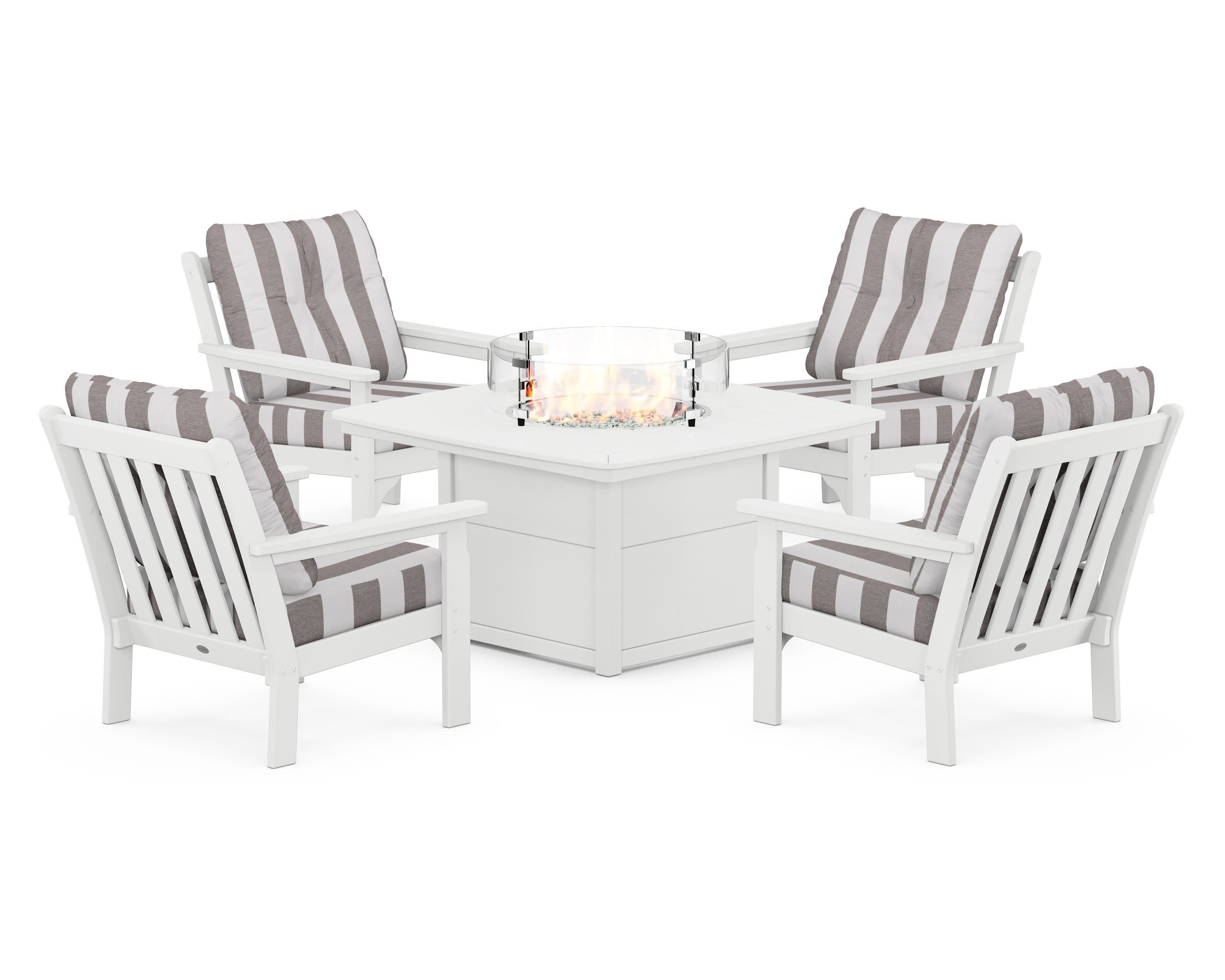 Vineyard 5-Piece Conversation Set with Fire Pit Table in White / Cabana Stripe Grey Mist