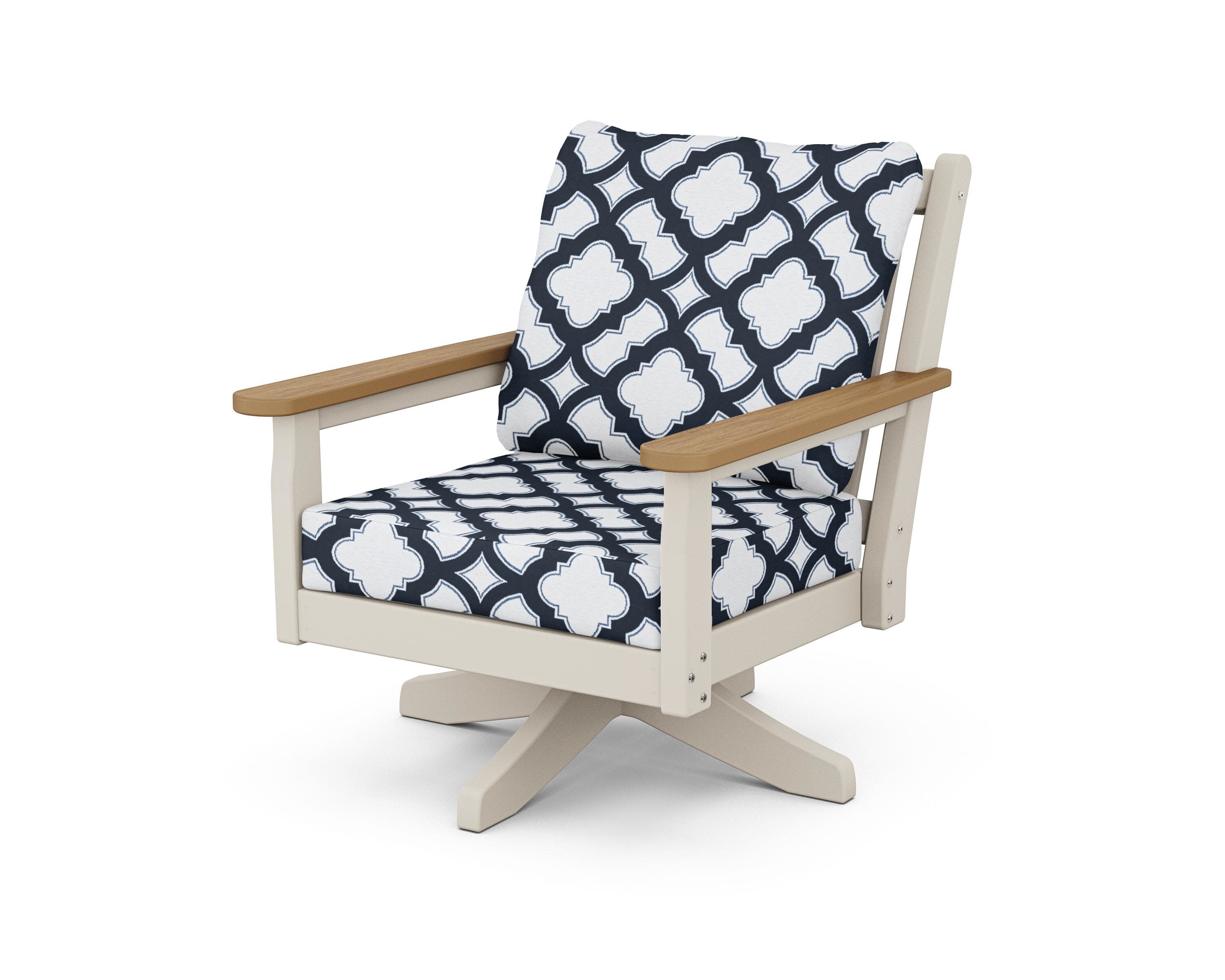 Chippendale Deep Seating Swivel Chair in Sand / Natural / Trellis Marine Indigo