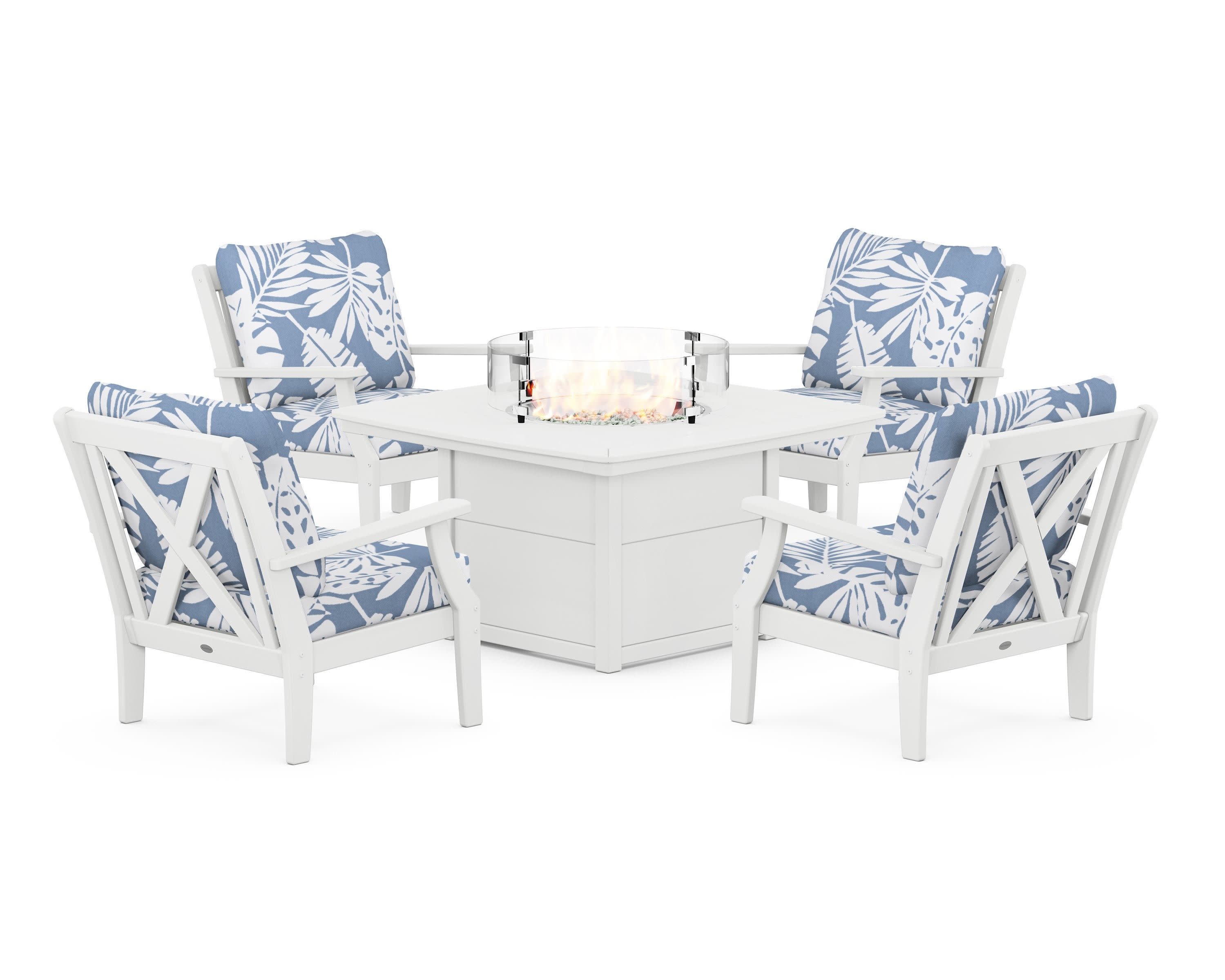 Braxton 5-Piece Deep Seating Conversation Set with Fire Pit Table in White / Leaf Sky Blue