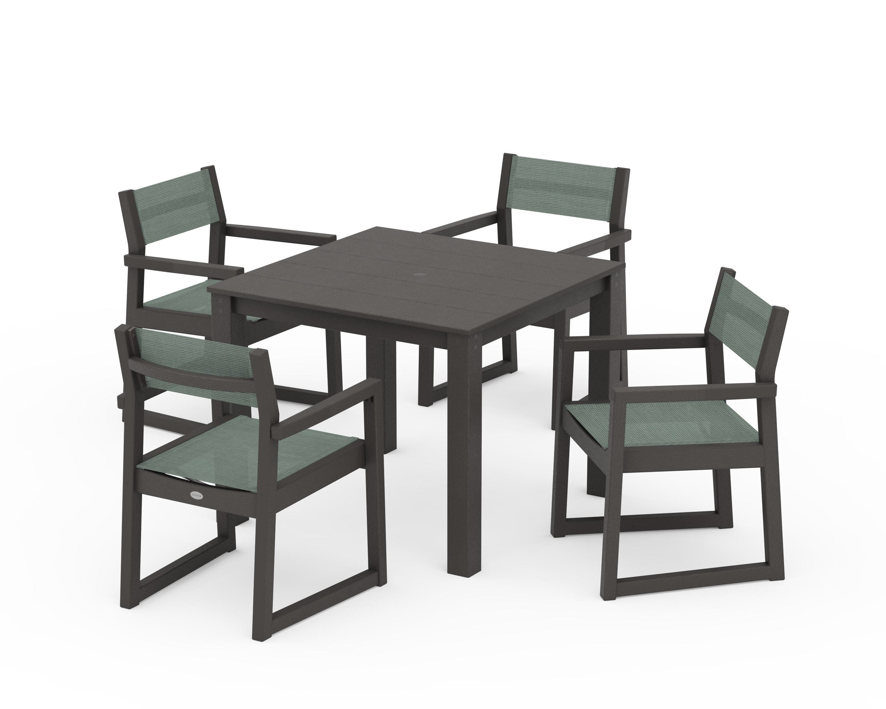 EDGE Sling Arm Chair 5-Piece Parsons Dining Set in Vintage Coffee / Dupioni Sea Mist Sling