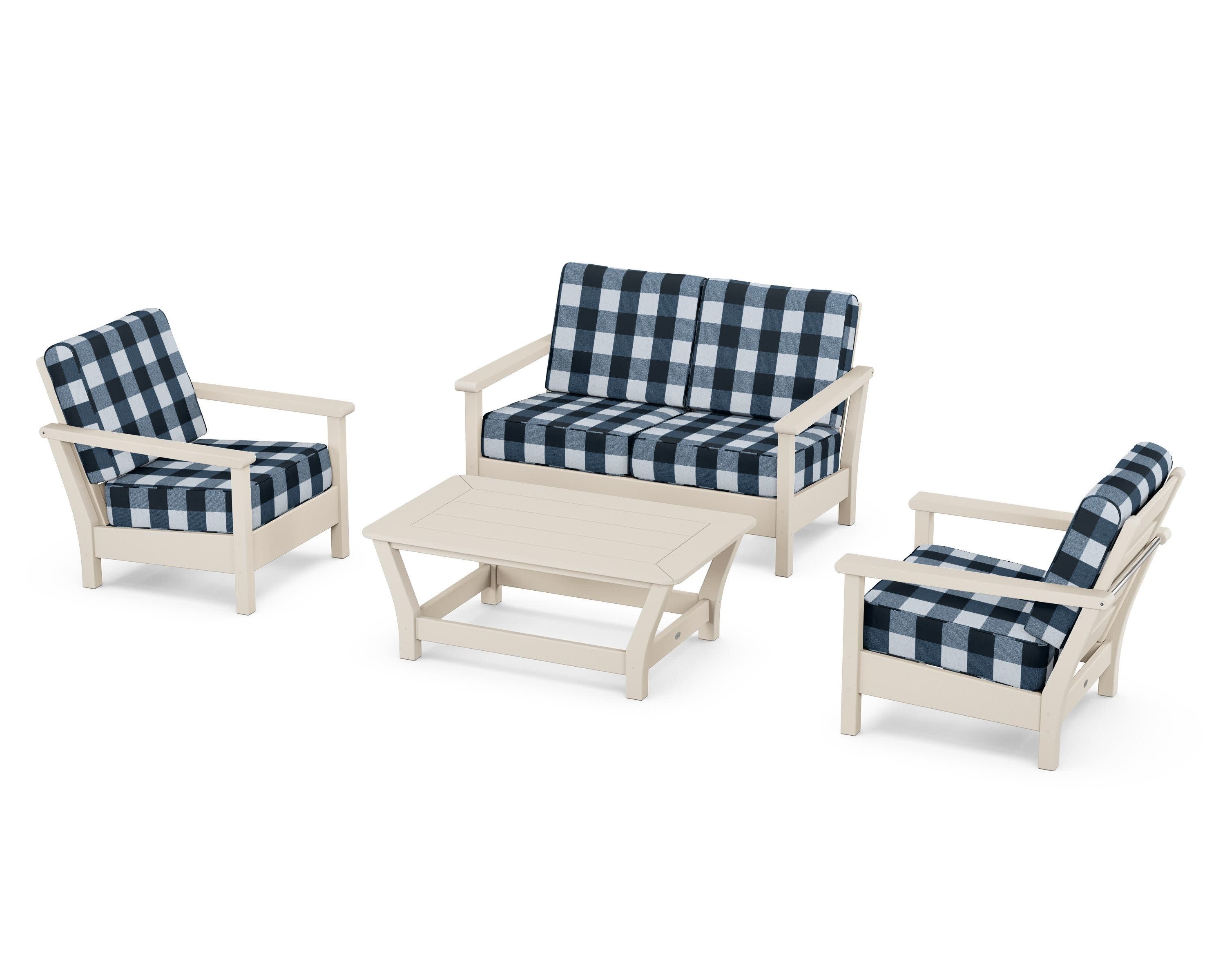 Harbour 4-Piece Deep Seating Set in Sand / Buffalo Plaid Marine Indigo