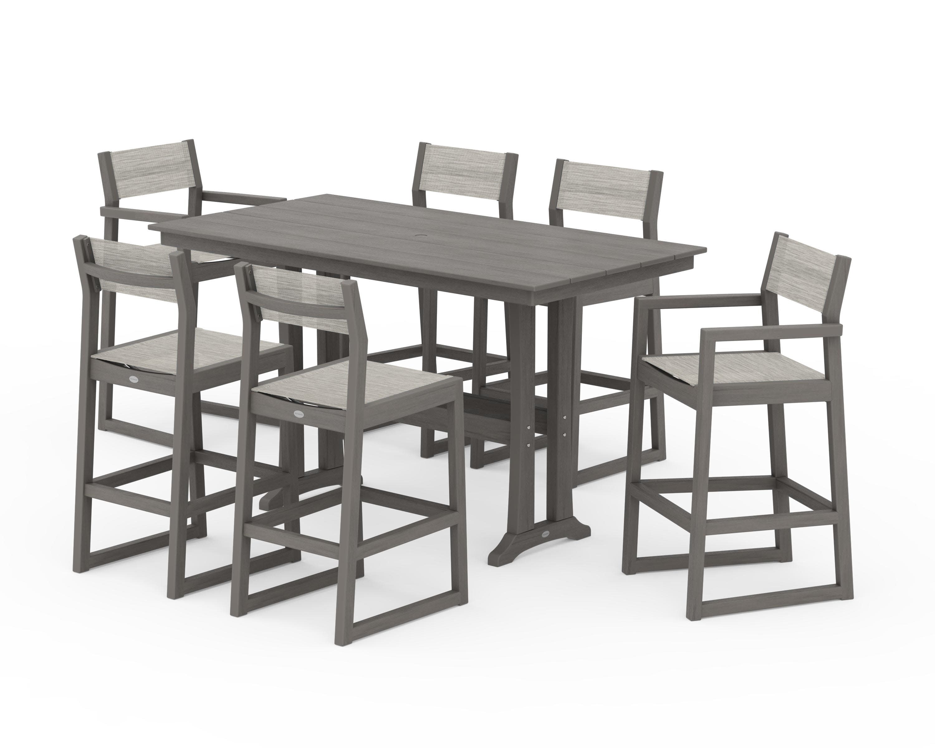EDGE Sling 7-Piece Farmhouse Bar Set with Trestle Legs in Driftwood / Birch Sling