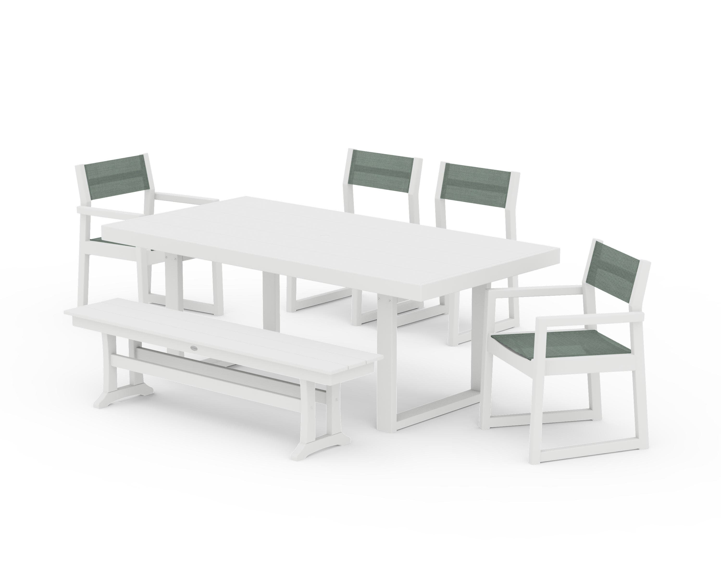 EDGE Sling 6-Piece Dining Set with Bench in White / Dupioni Sea Mist Sling