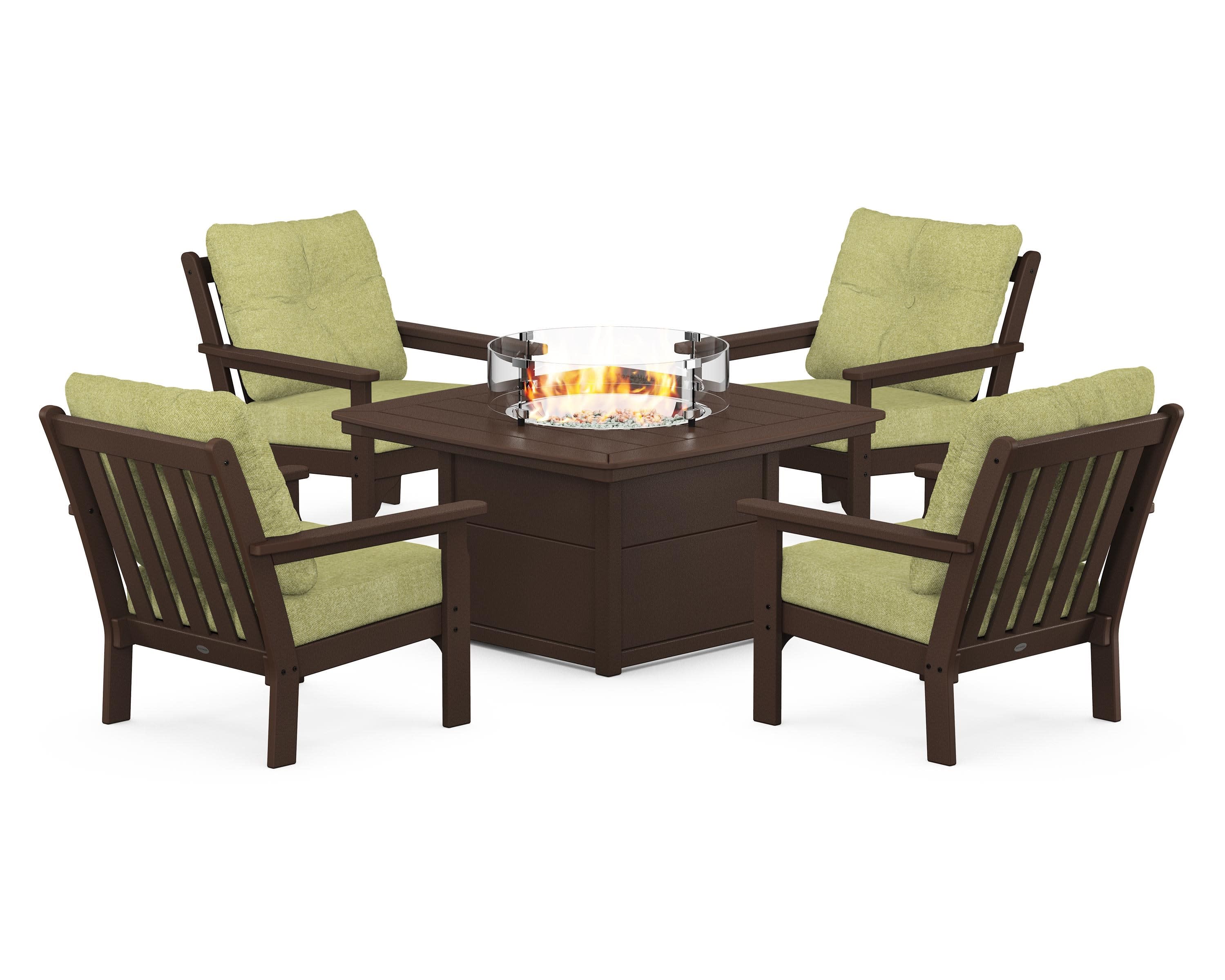 Vineyard 5-Piece Conversation Set with Fire Pit Table in Mahogany / Chartreuse Boucle