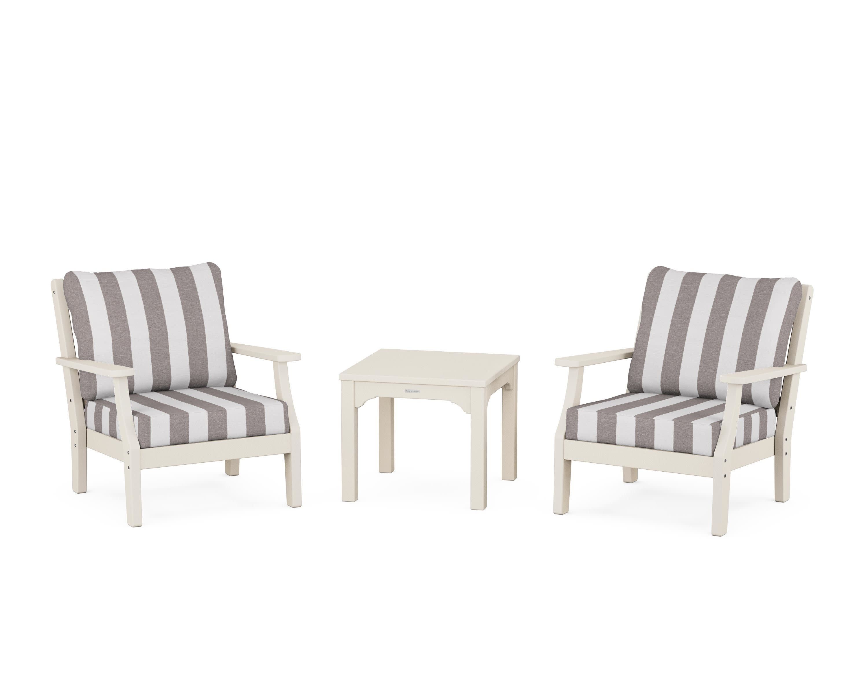Chinoiserie 3-Piece Deep Seating Set in Sand / Cabana Stripe Grey Mist