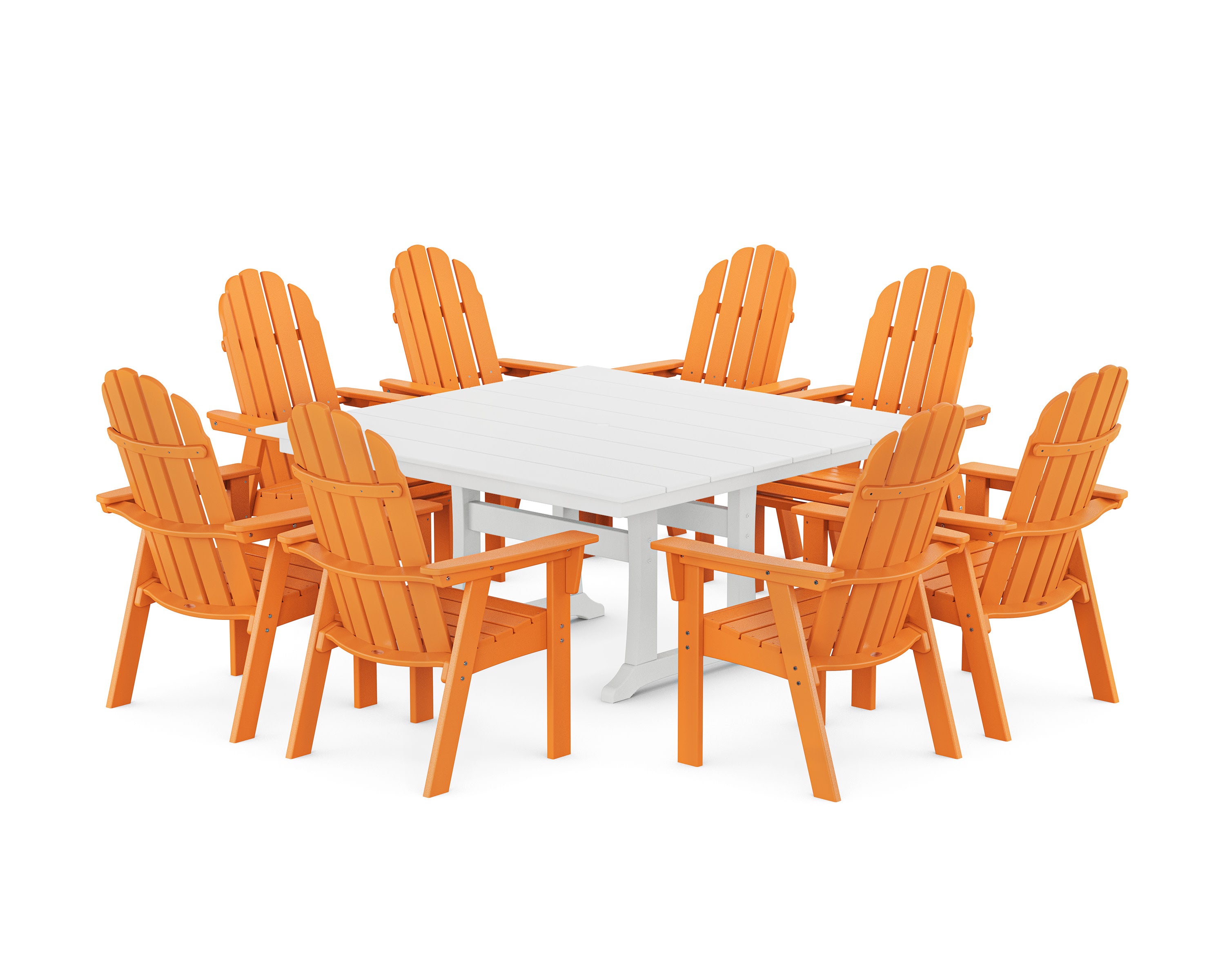 Vineyard Curveback Adirondack 9-Piece Square Farmhouse Dining Set with Trestle Legs in Tangerine / White