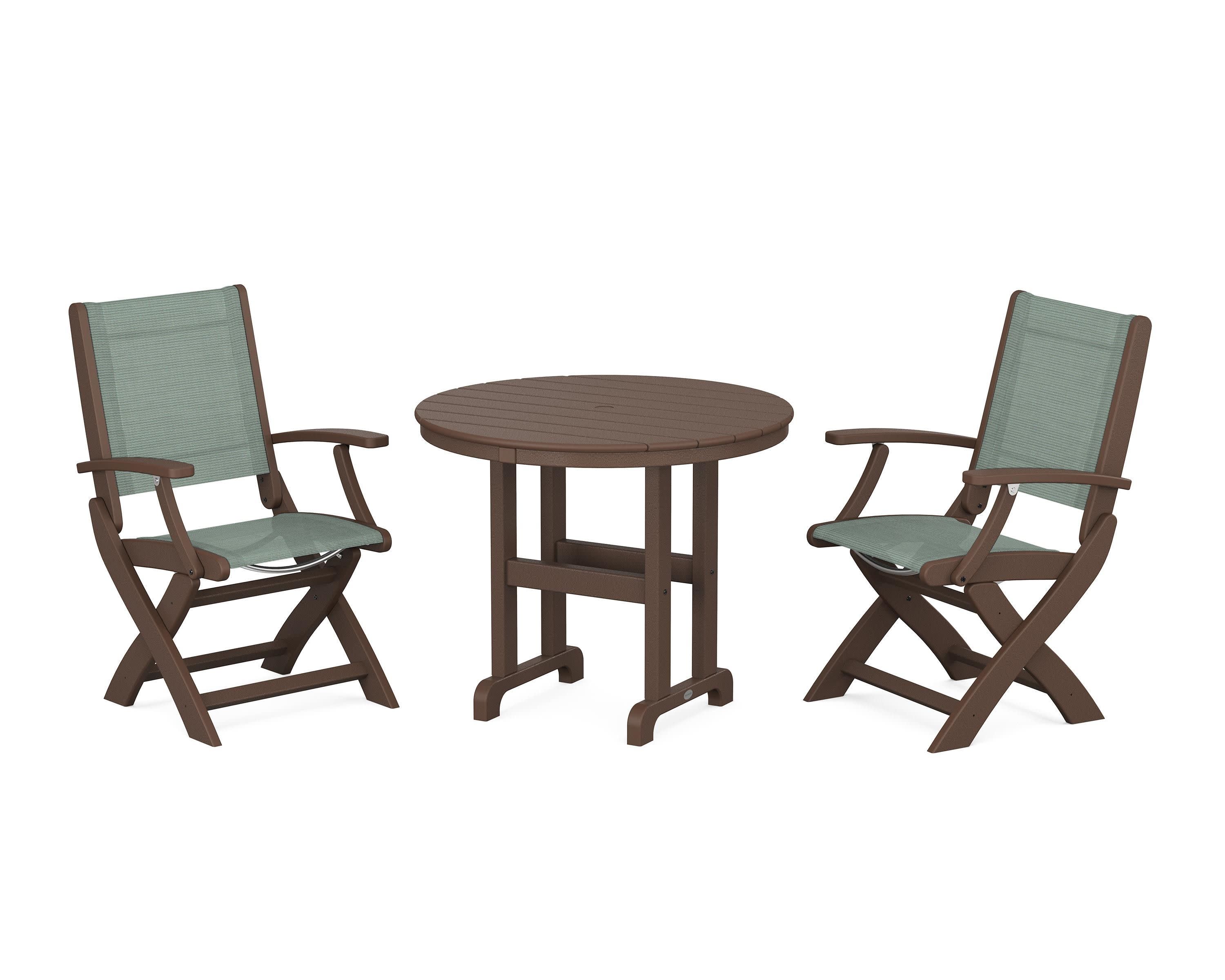 Coastal Folding Chair 3-Piece Round Dining Set in Mahogany / Dupioni Sea Mist Sling