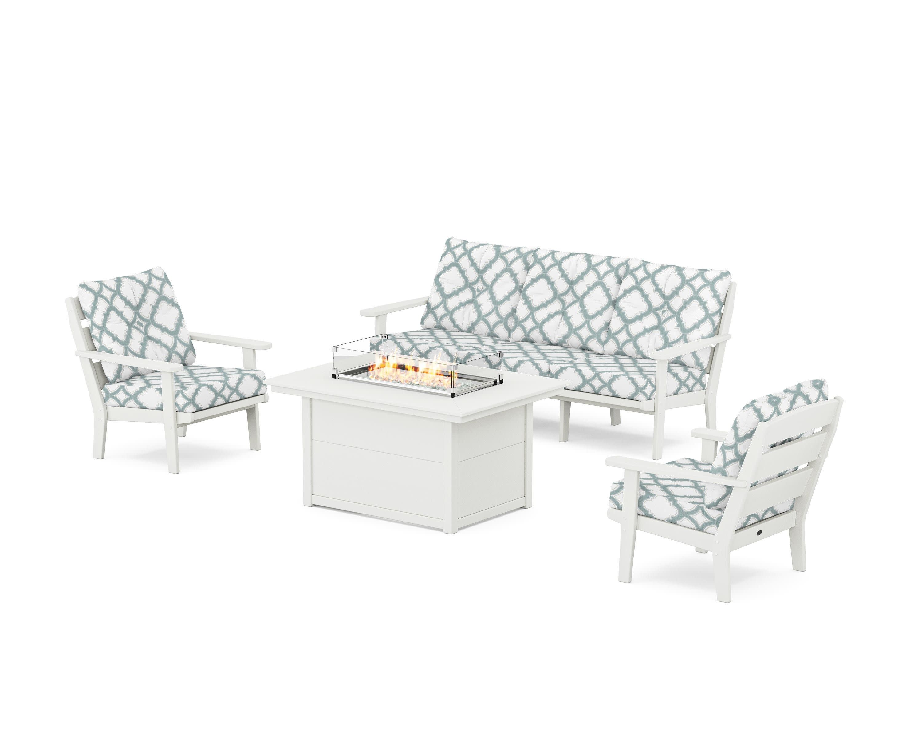 Lakeside Deep Seating Fire Pit Table Set in Vintage White / Trellis Glacier Spa