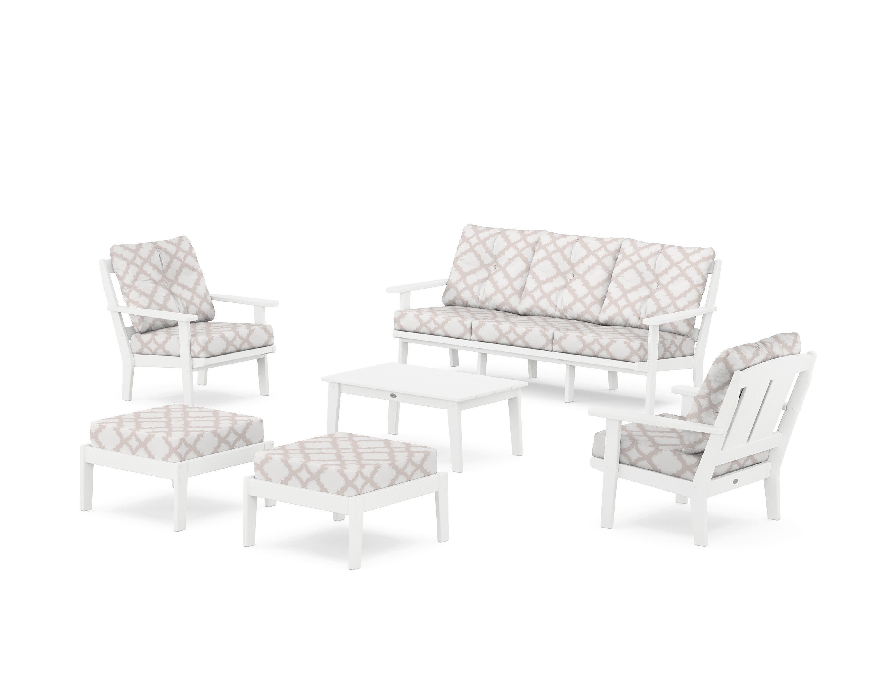 Mission 6-Piece Lounge Sofa Set in White / Trellis Dune Burlap