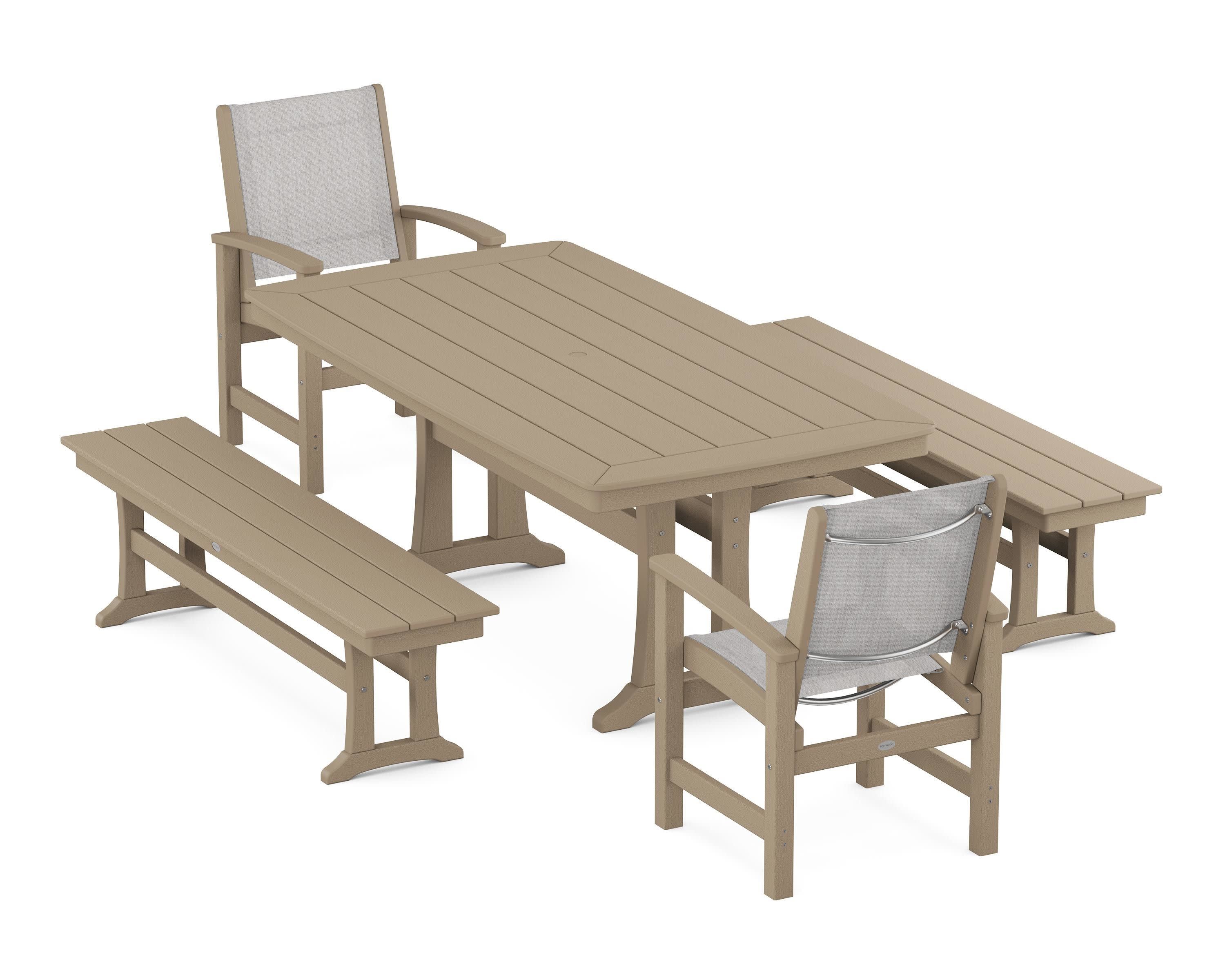 Coastal 5-Piece Dining Set with Trestle Legs and Benches in Vintage Sahara / Parchment Sling