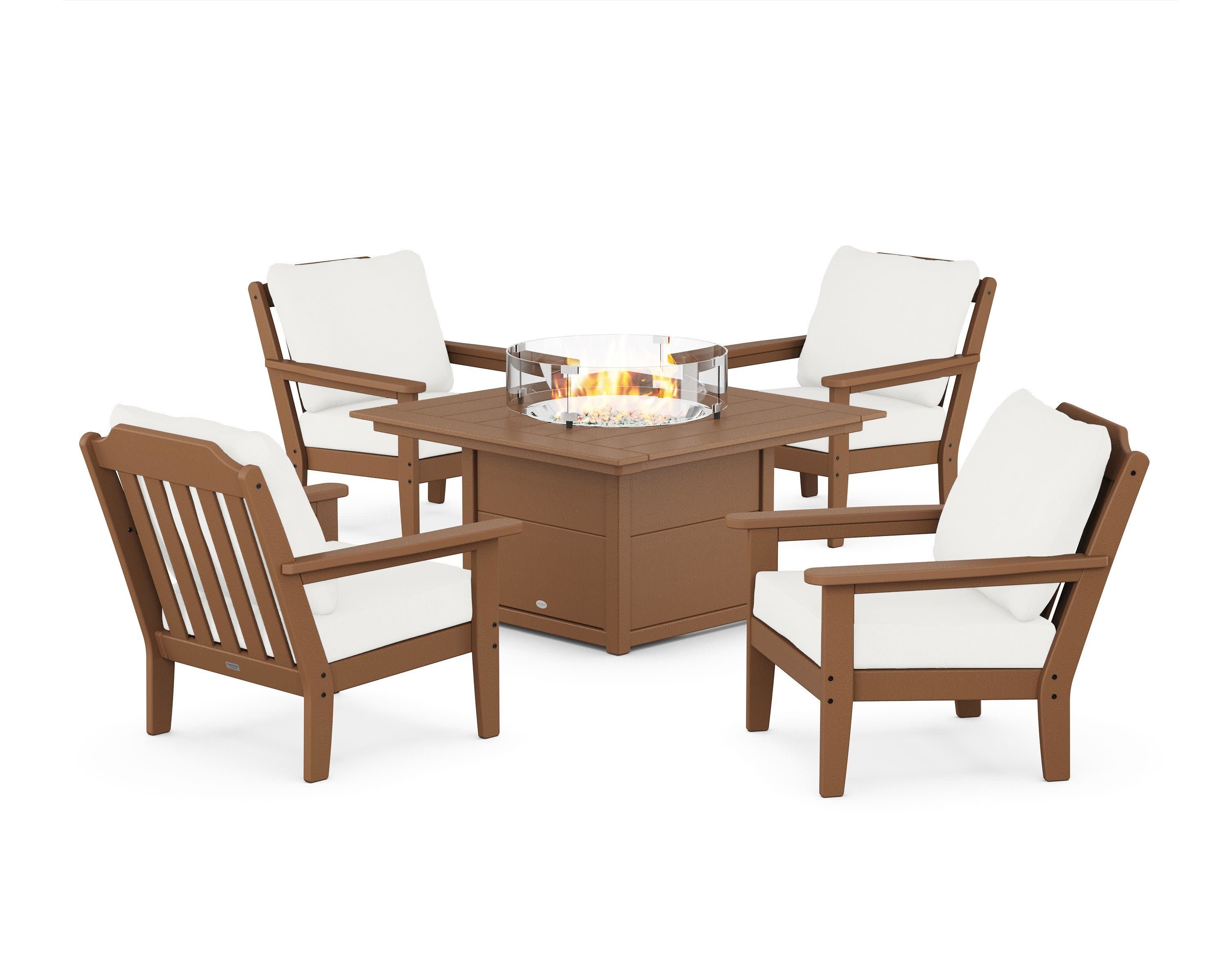 Cottage 5-Piece Deep Seating Set with Fire Pit Table in Teak / Natural Linen