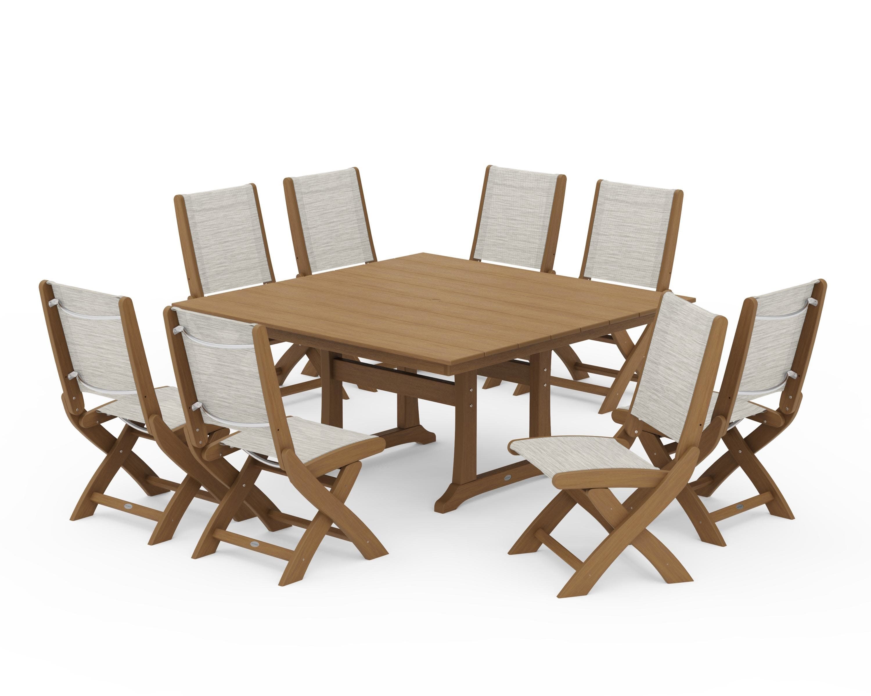 Coastal Folding Side Chair 9-Piece Farmhouse Dining Set in Natural / Birch Sling