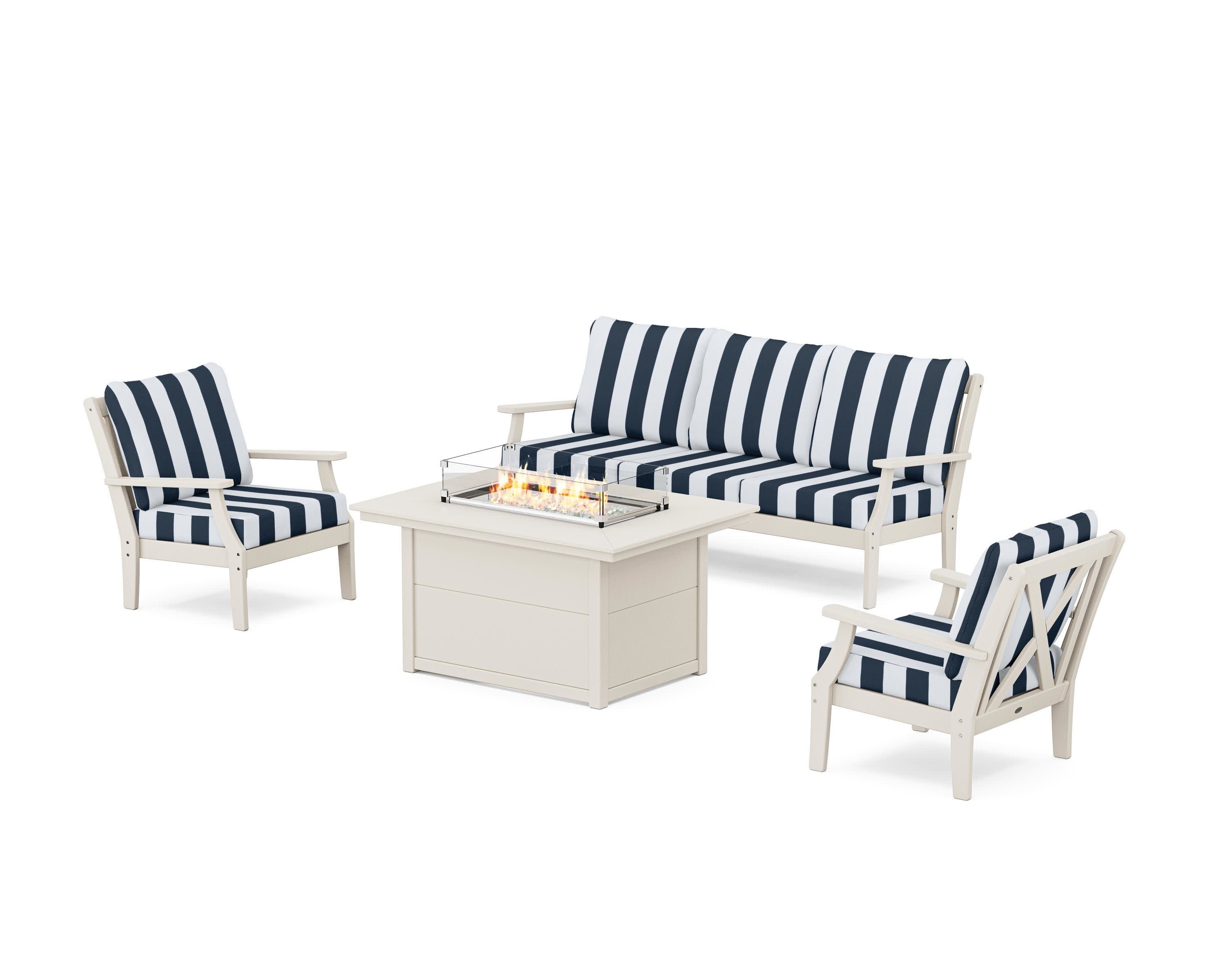 Braxton Deep Seating Fire Pit Table Set in Sand / Cabana Stripe Marine Indigo