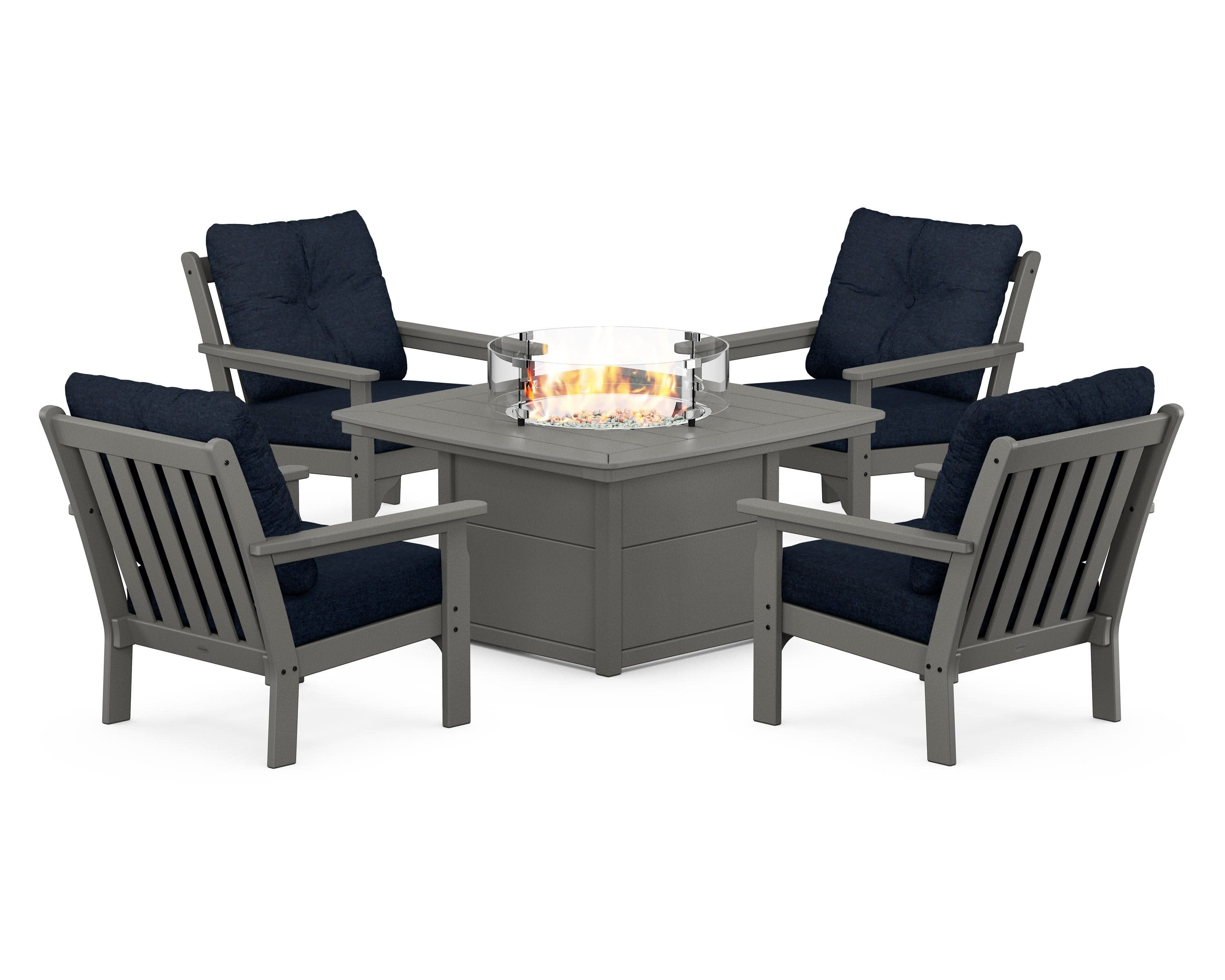 Vineyard 5-Piece Conversation Set with Fire Pit Table in Slate Grey / Marine Indigo