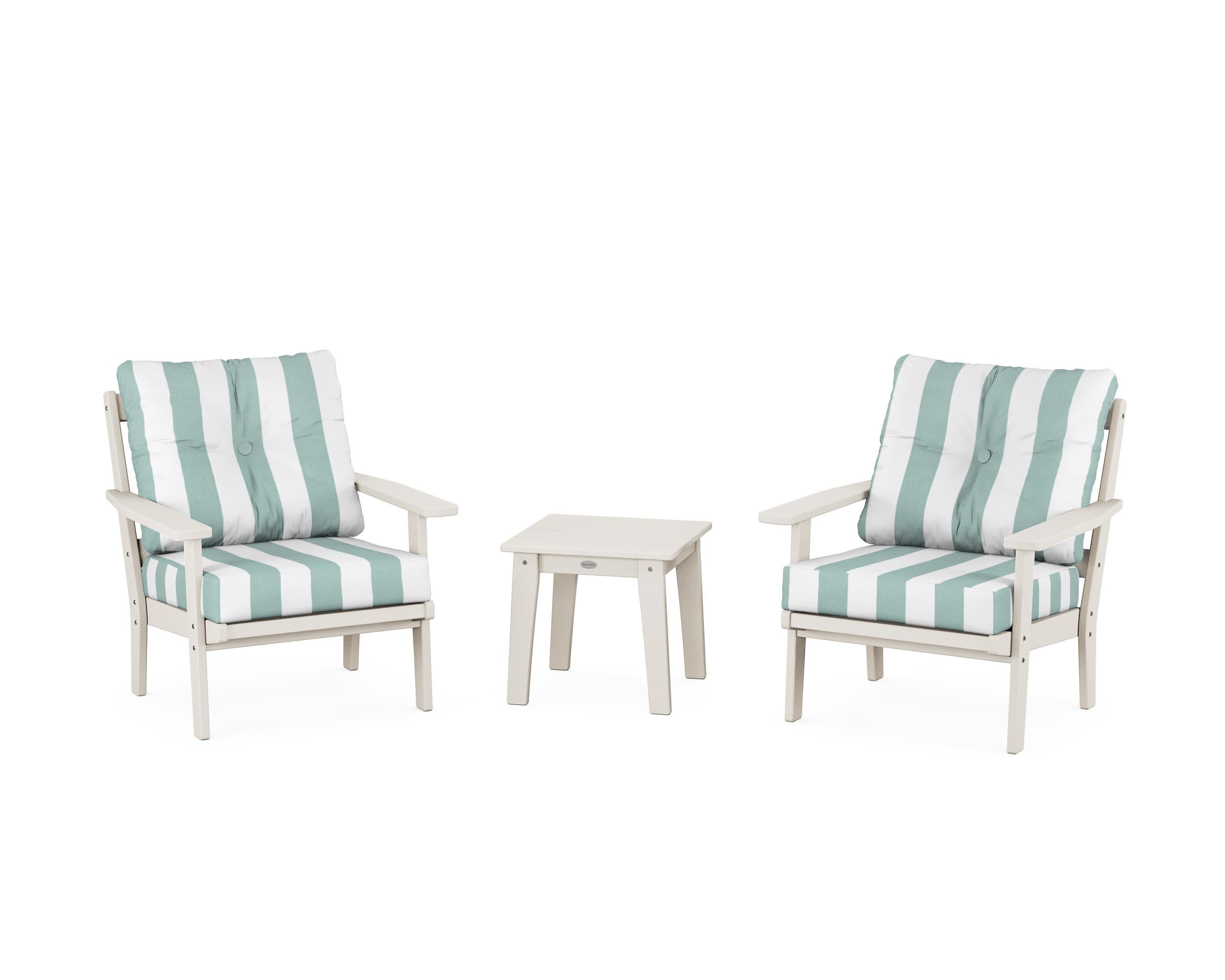 Oxford 3-Piece Deep Seating Set in Sand / Cabana Stripe Glacier Spa