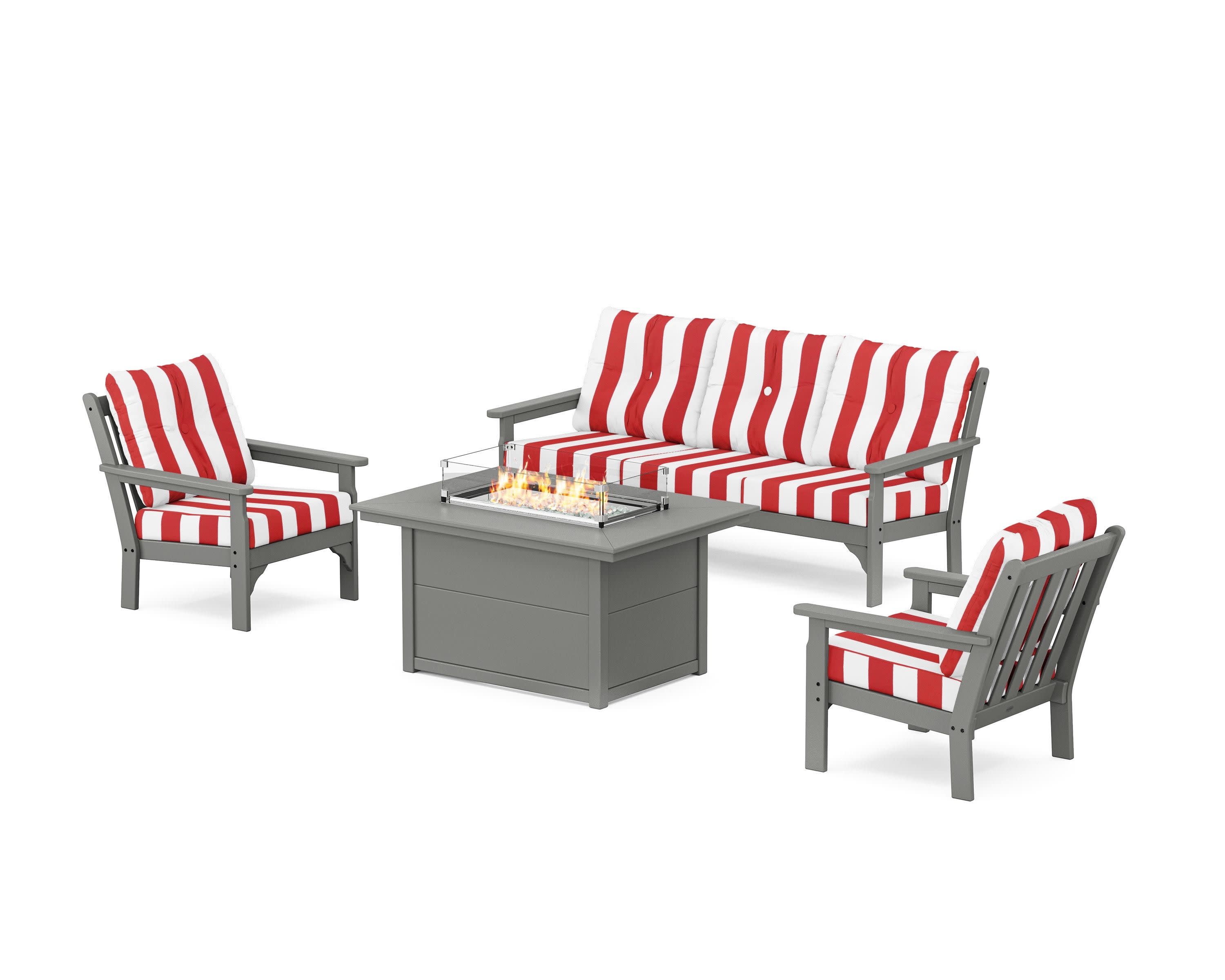 Vineyard Deep Seating Fire Pit Table Set in Slate Grey / Cabana Stripe Crimson