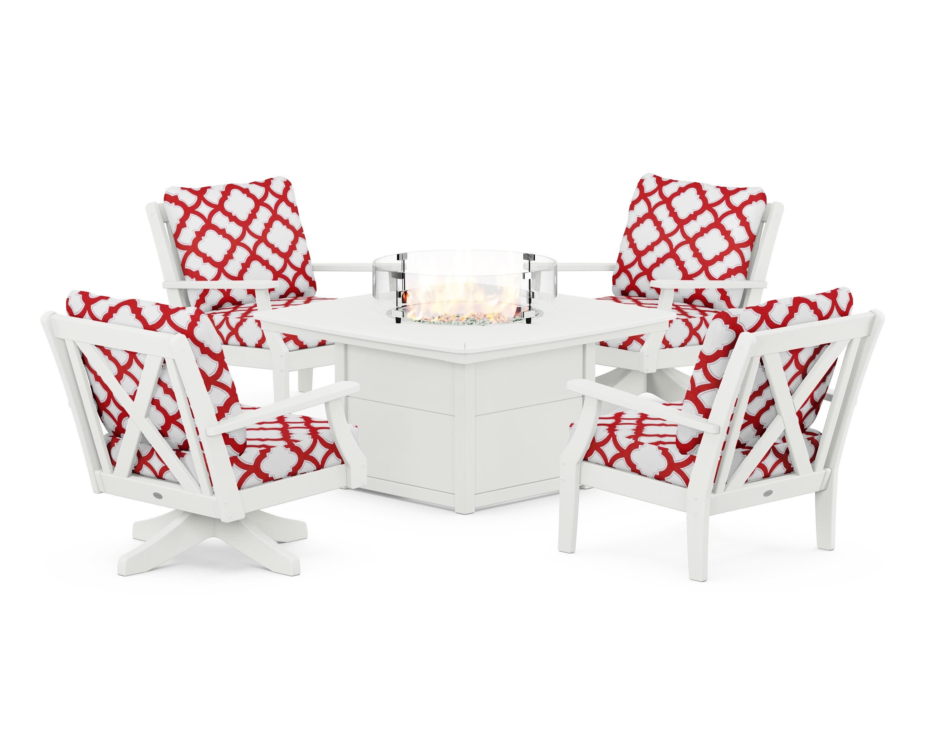 Braxton 5-Piece Deep Seating Set with Fire Table in Vintage White / Trellis Crimson
