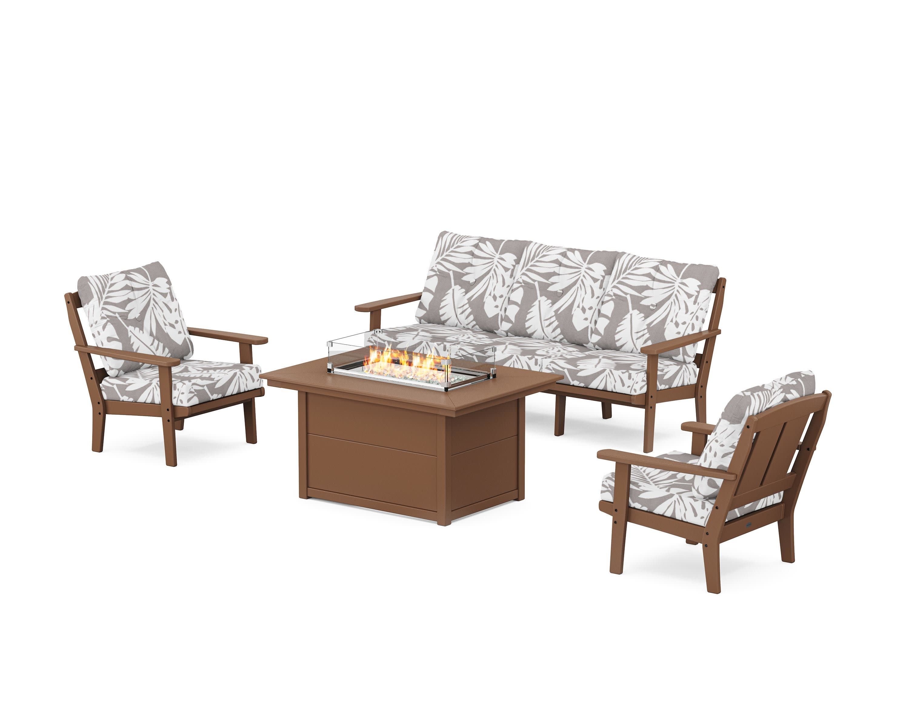 Mission Deep Seating Fire Pit Table Set in Teak / Leaf Grey Mist