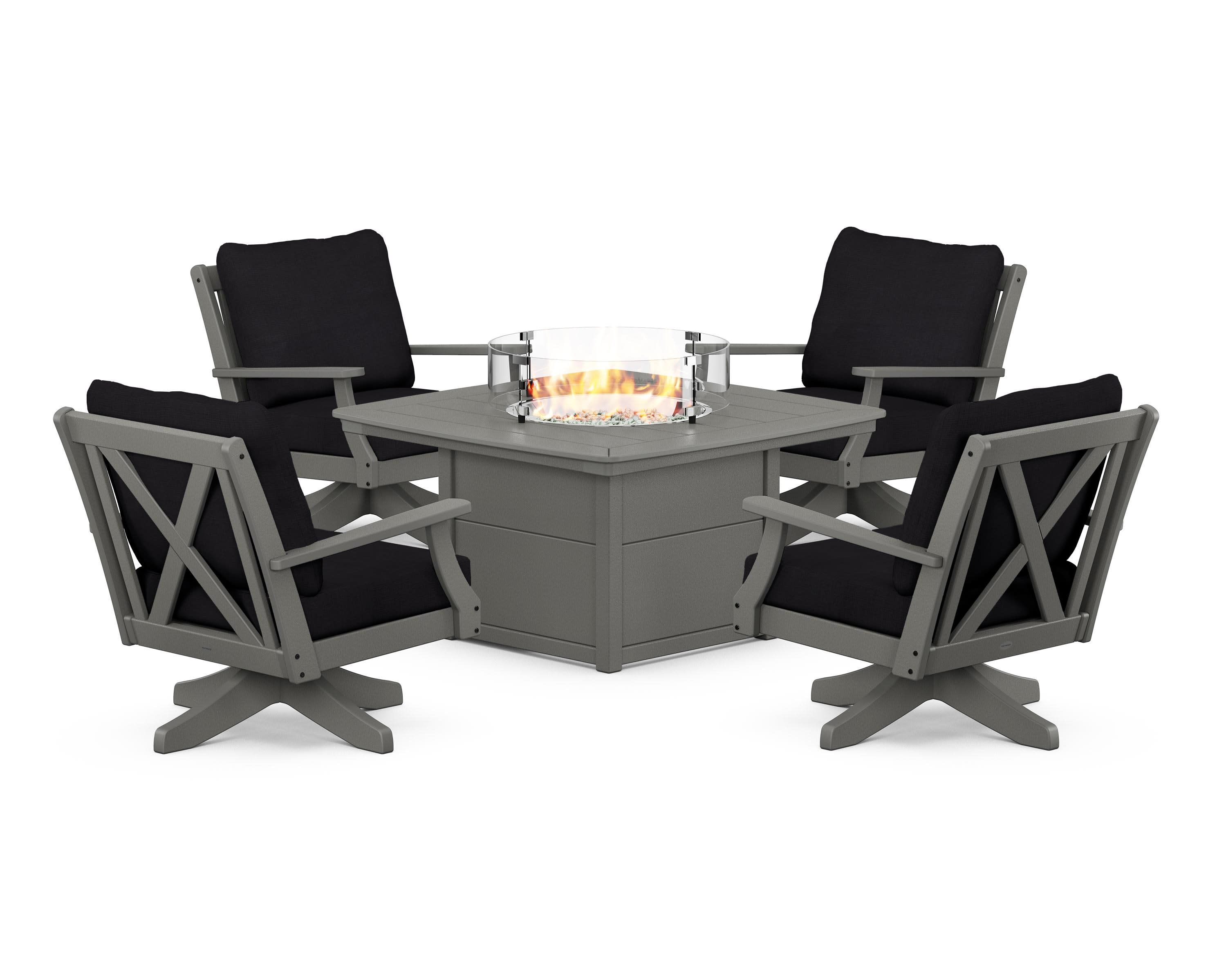 Braxton 5-Piece Deep Seating Swivel Conversation Set with Fire Pit Table in Slate Grey / Midnight Linen