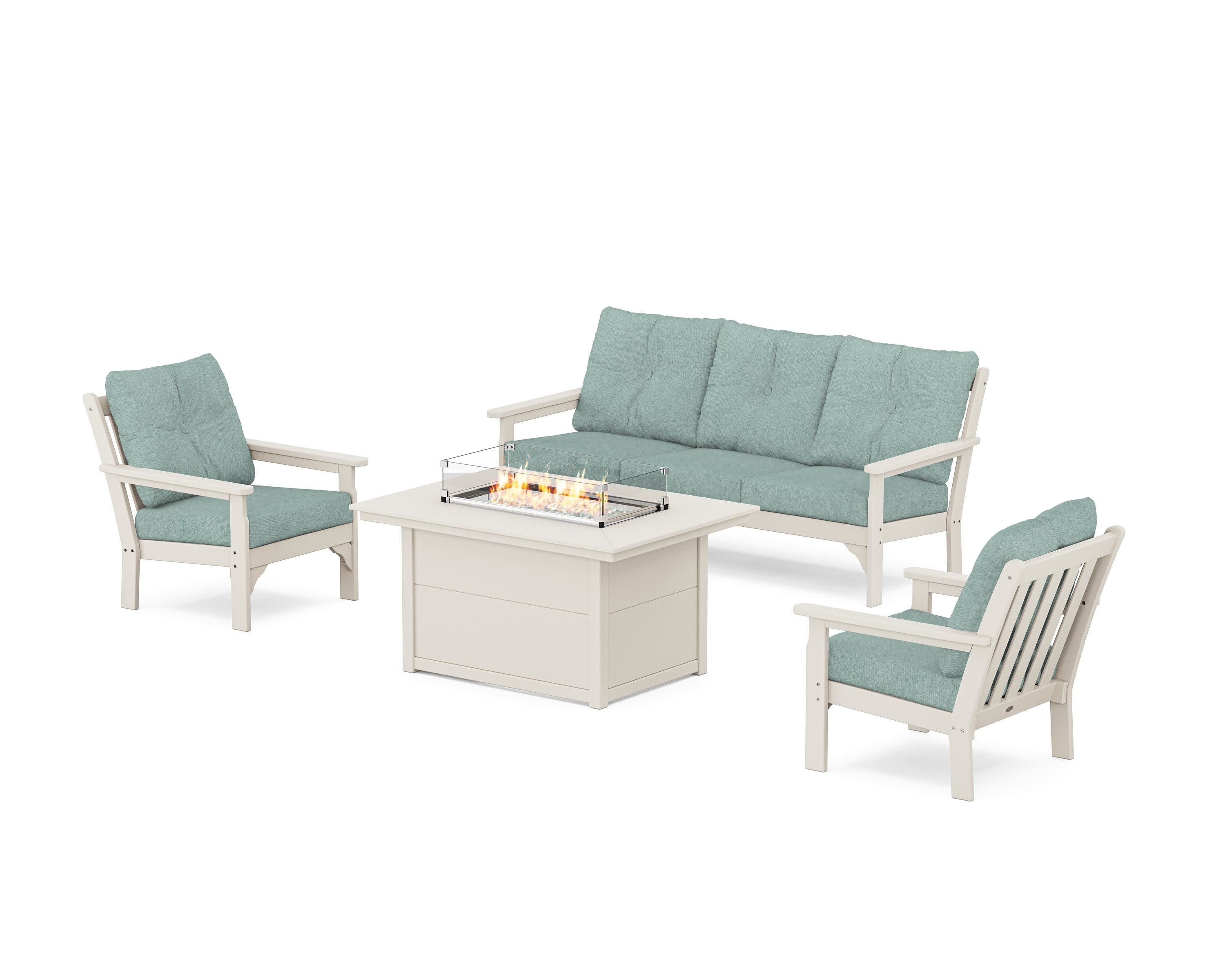 Vineyard Deep Seating Fire Pit Table Set in Sand / Glacier Spa