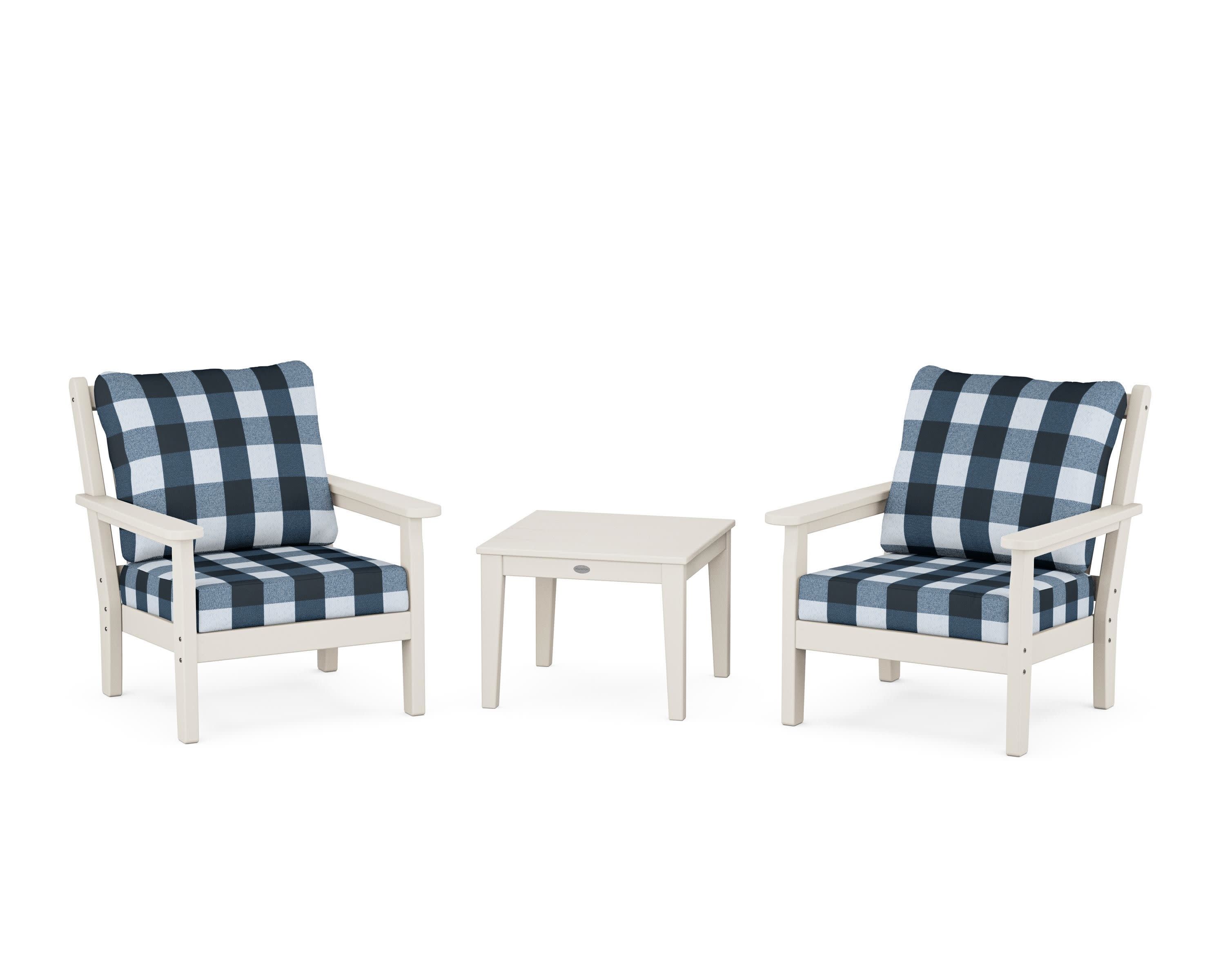 Chippendale 3-Piece Deep Seating Set in Sand / Buffalo Plaid Marine Indigo