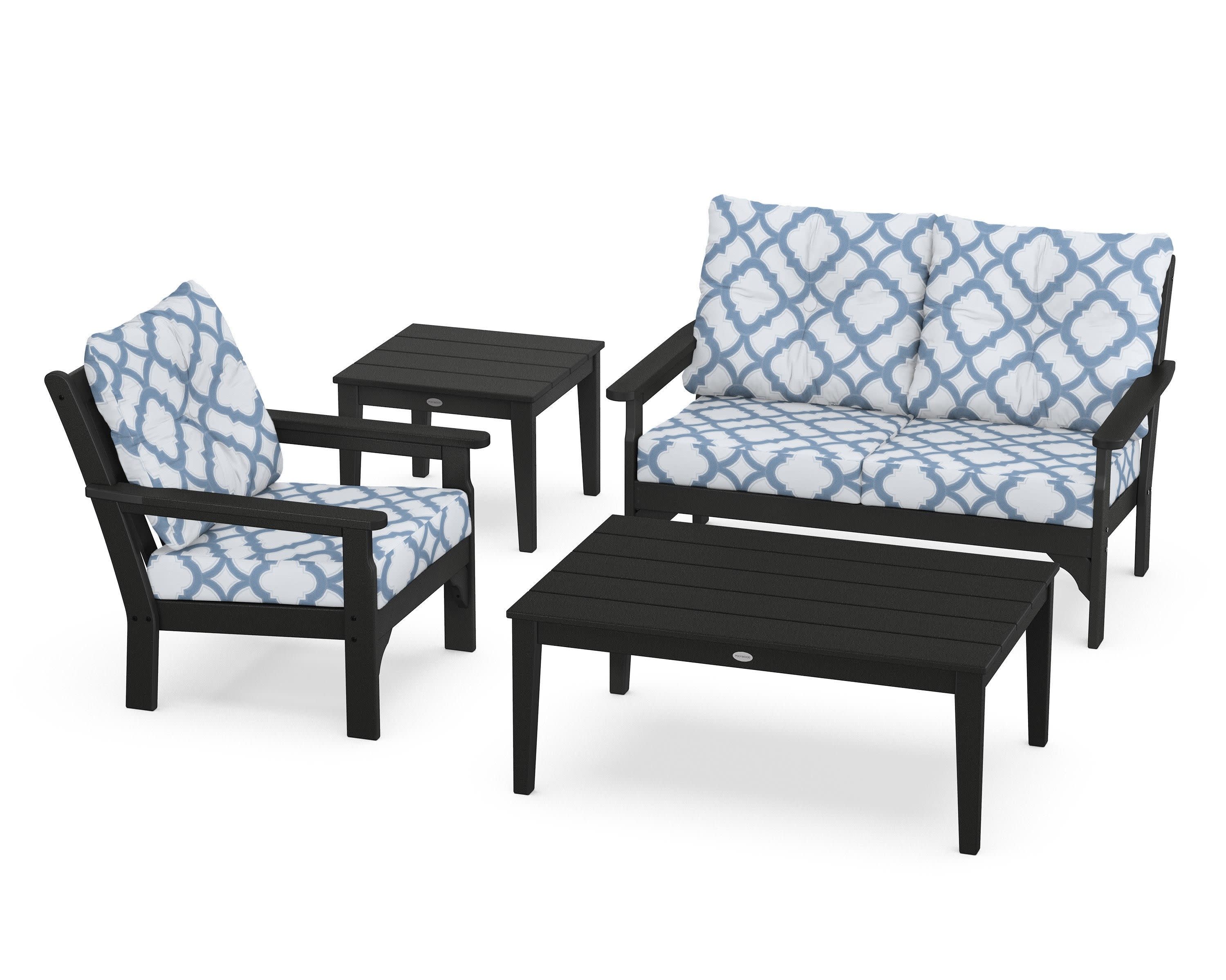 Vineyard 4-Piece Deep Seating Set in Black / Trellis Sky Blue