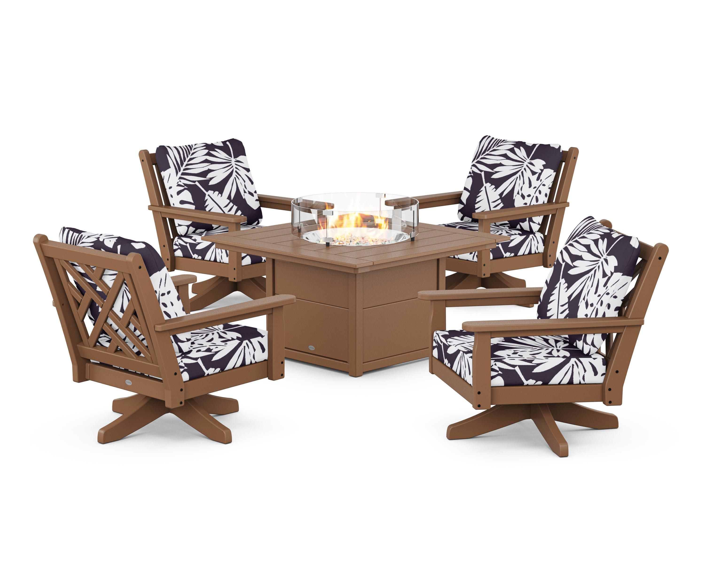 Chippendale 5-Piece Deep Seating Swivel Conversation Set with Fire Pit Table in Teak / Leaf Navy
