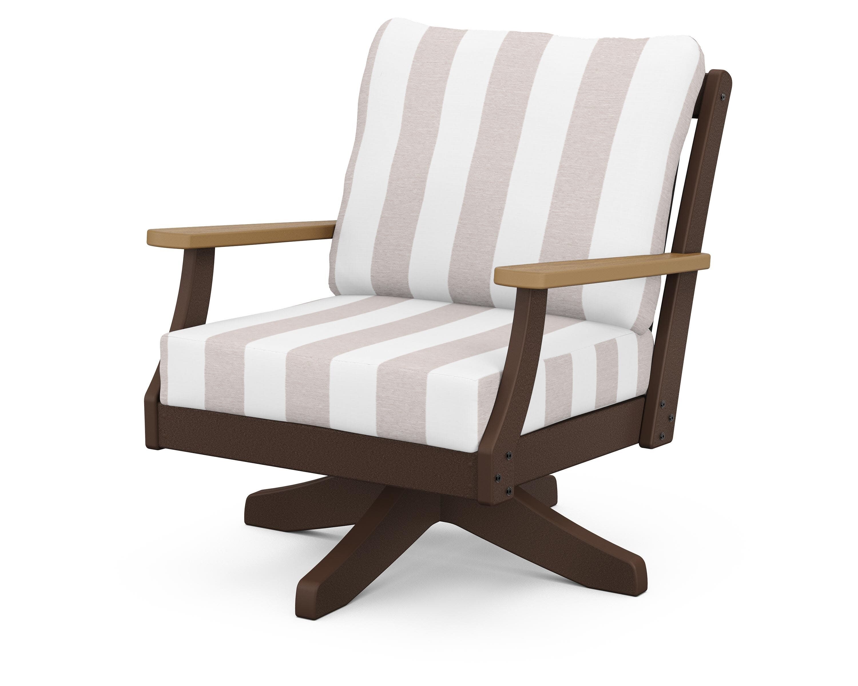 Braxton Deep Seating Swivel Chair in Mahogany / Natural / Cabana Stripe Dune Burlap