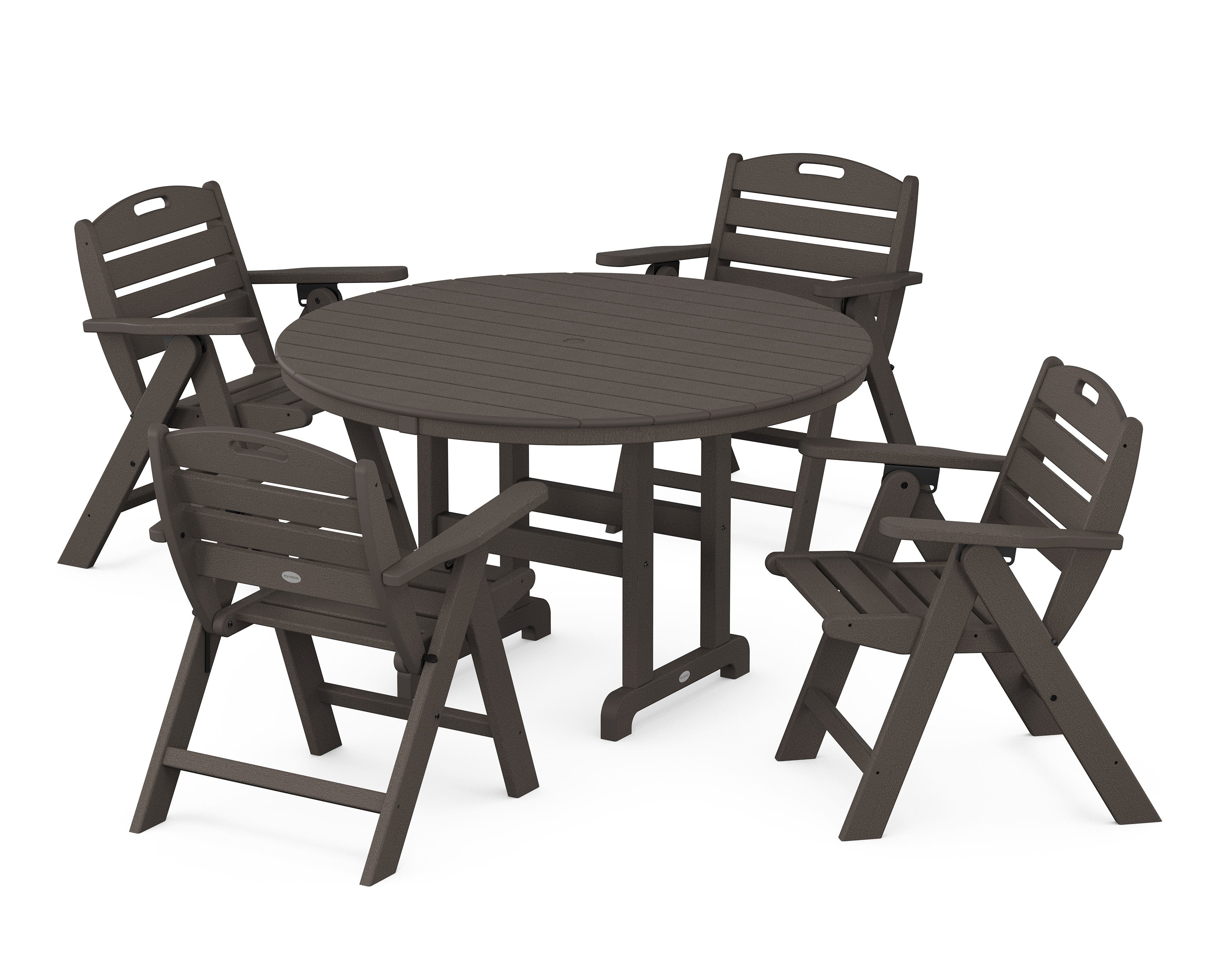 Nautical Folding Lowback Chair 5-Piece Round Farmhouse Dining Set in Vintage Coffee
