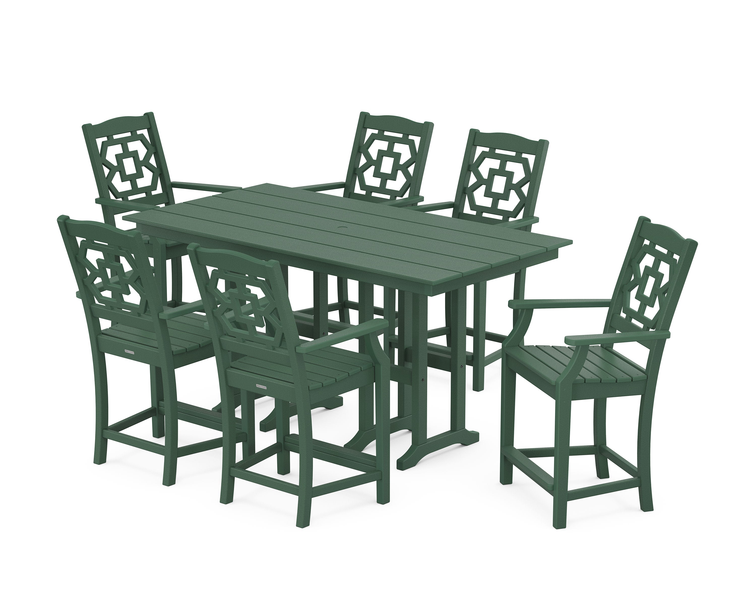 Chinoiserie Arm Chair 7-Piece Farmhouse Counter Set in Green