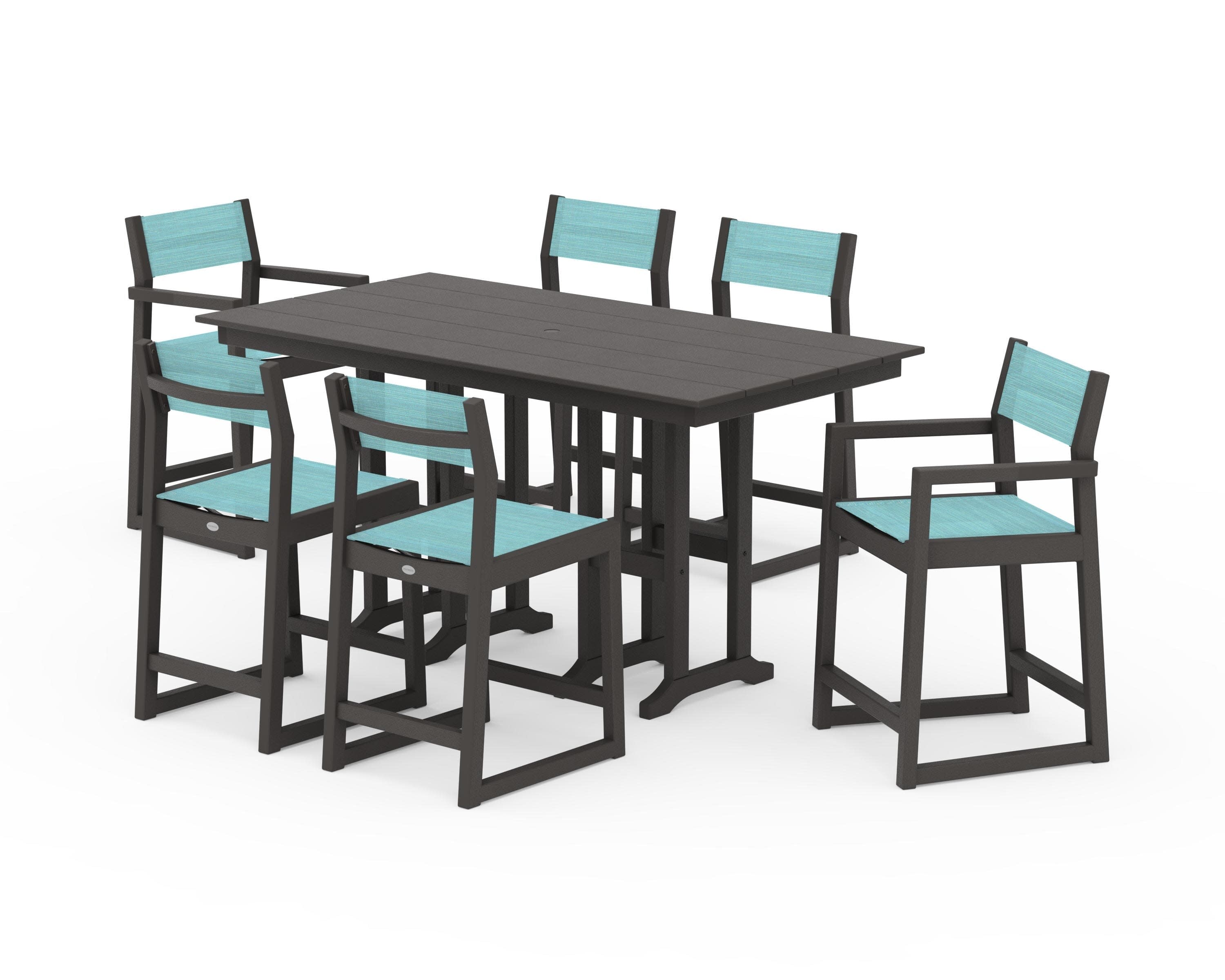 EDGE Sling 7-Piece Farmhouse Counter Set in Vintage Coffee / Dupioni Aquamarine Sling