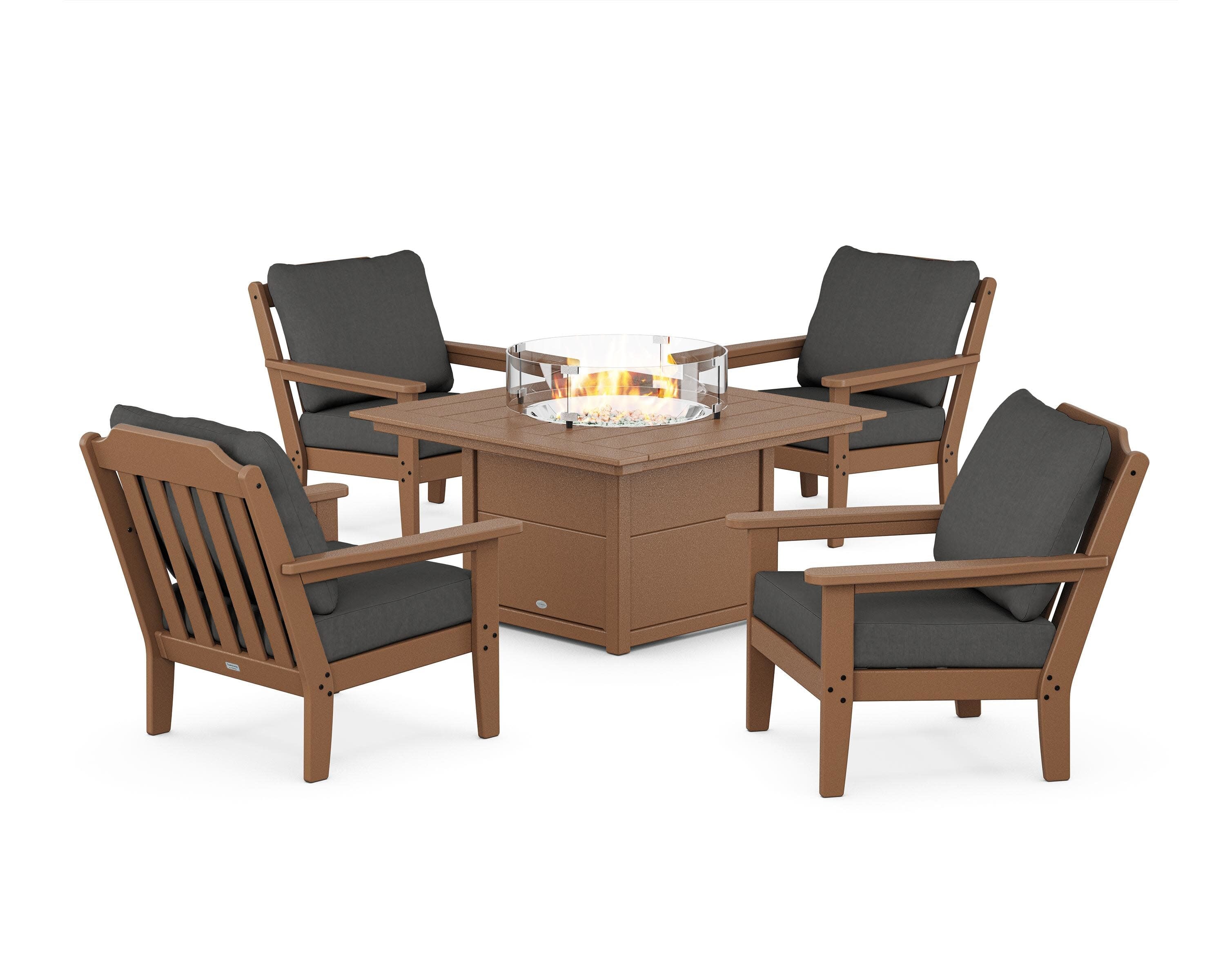 Cottage 5-Piece Deep Seating Set with Fire Pit Table in Teak / Spectrum Carbon