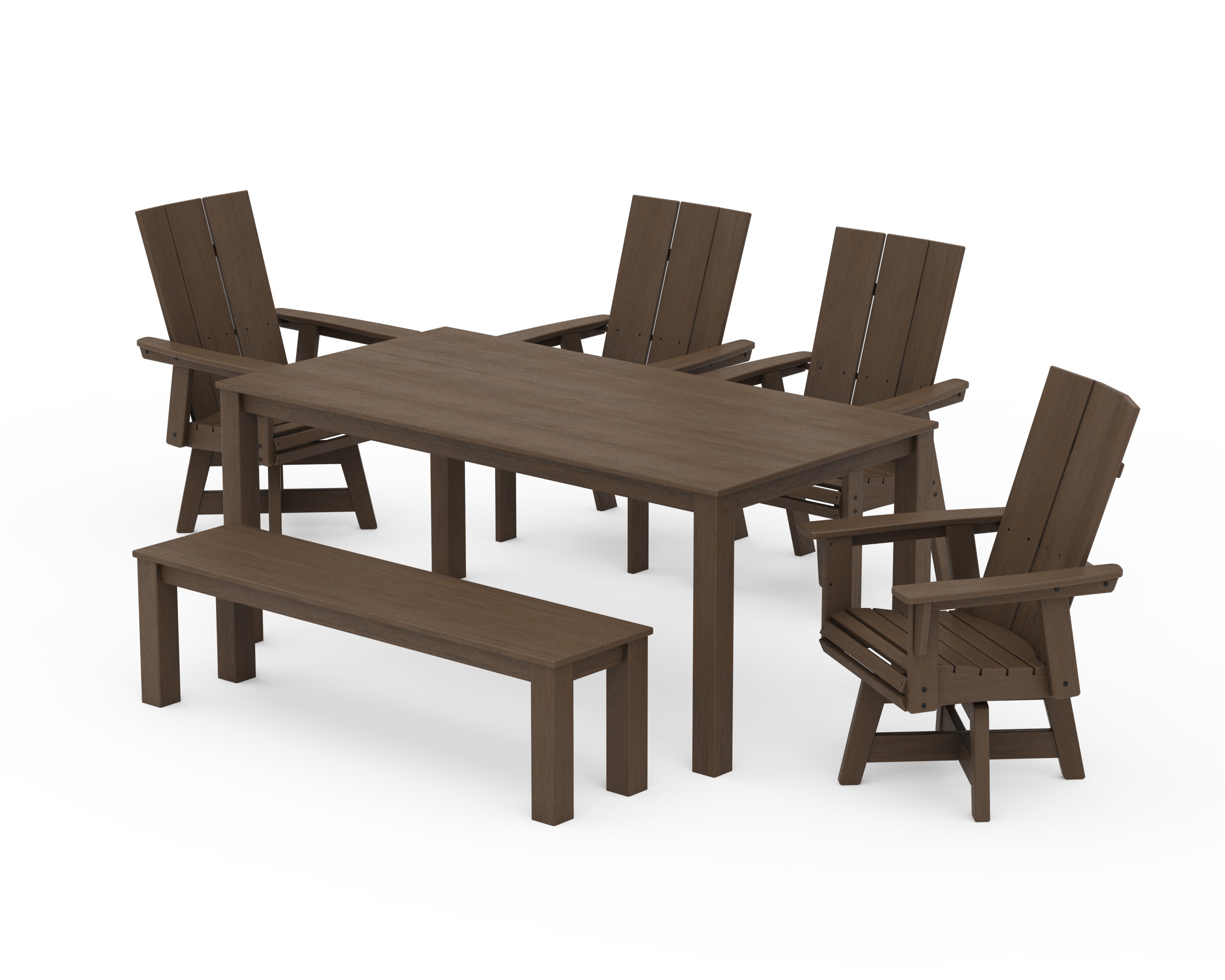 Modern Curveback Adirondack 6-Piece Parsons Swivel Dining Set with Bench in Kona