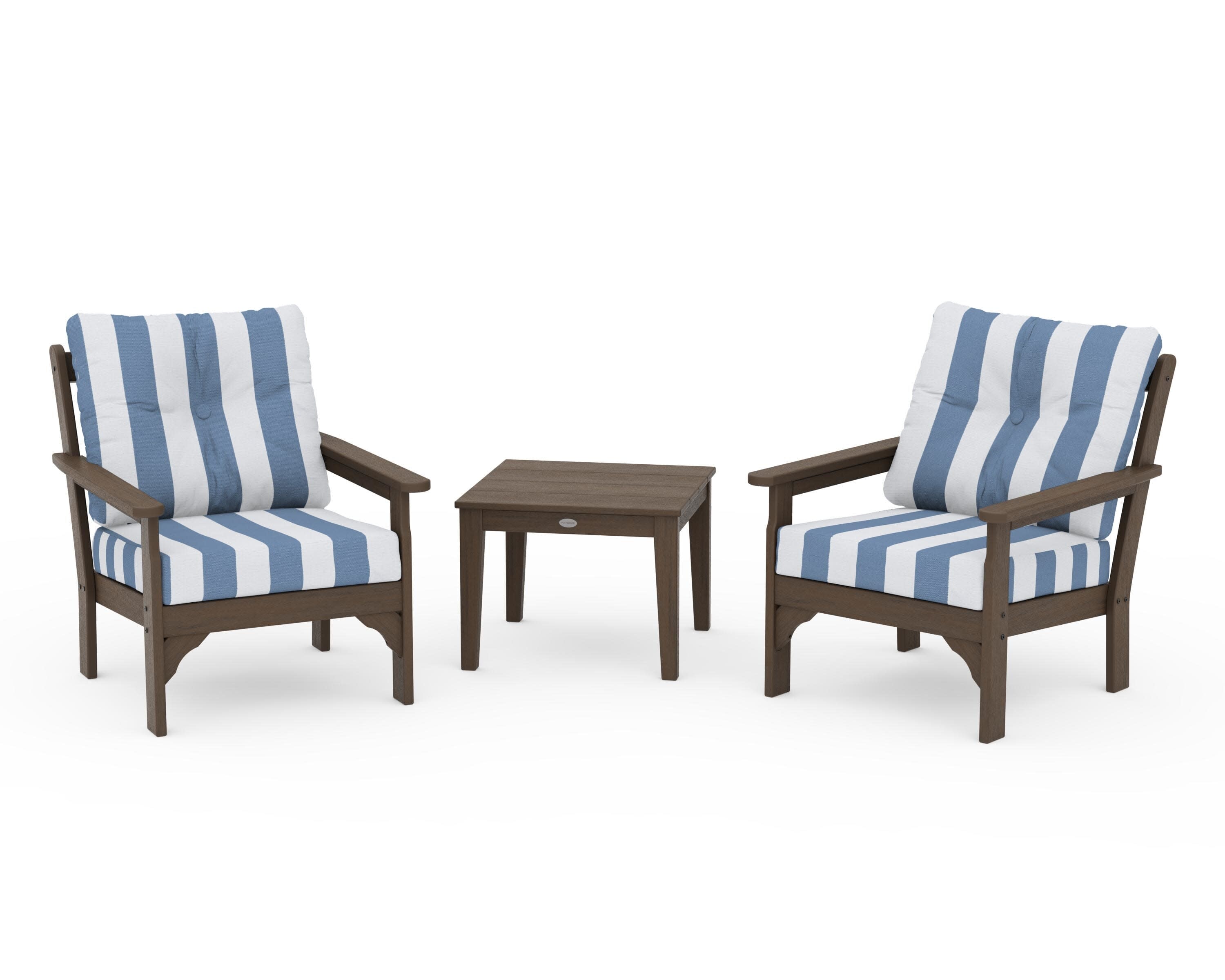 Vineyard 3-Piece Deep Seating Set in Kona / Cabana Stripe Sky Blue