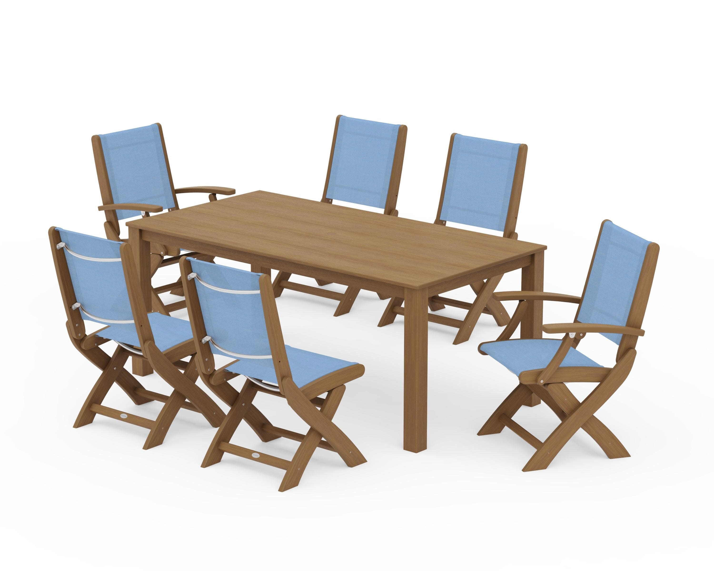 Coastal Folding Chair 7-Piece Parsons Dining Set in Natural / Poolside Sling