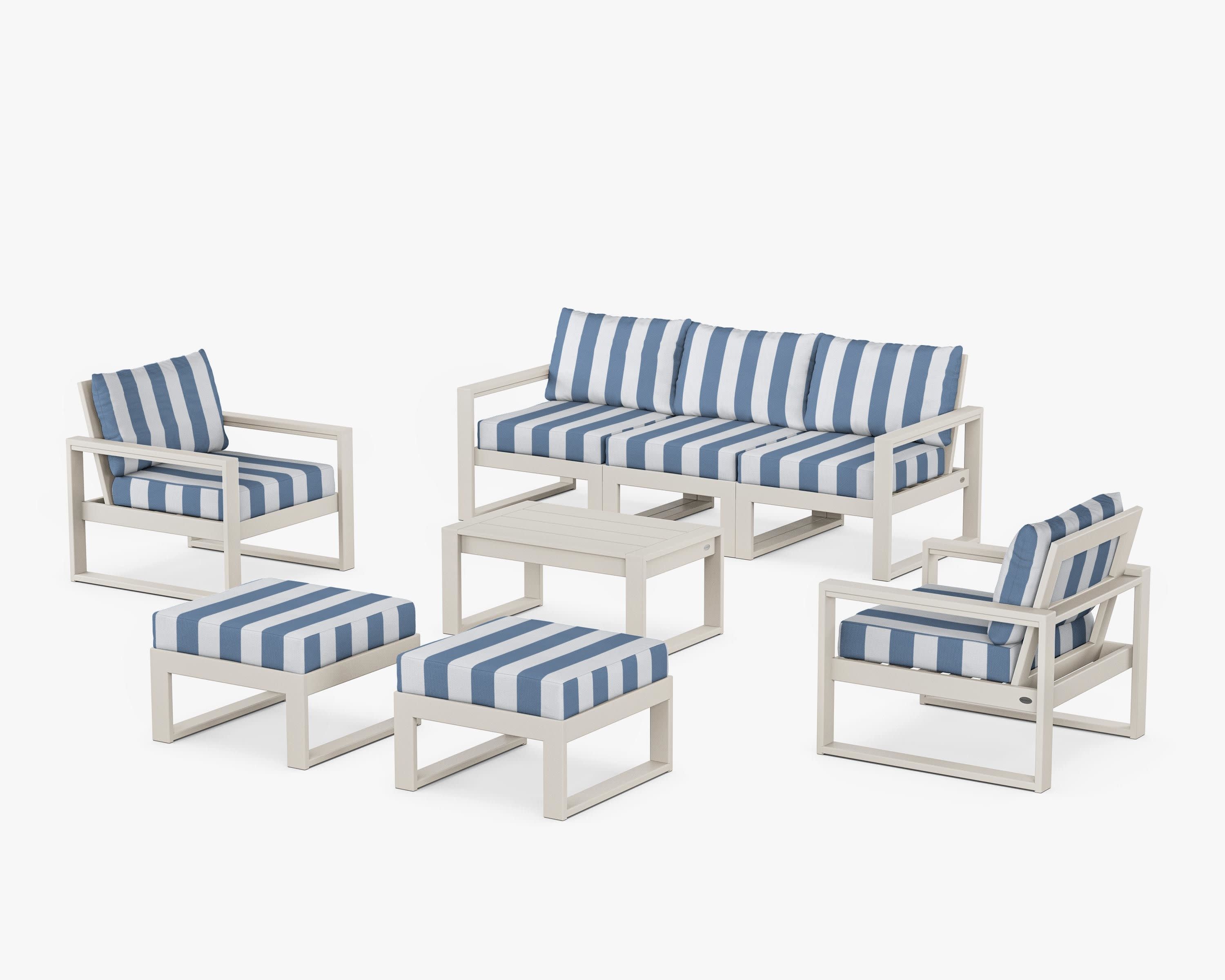 EDGE Sectional 8-Piece Lounge Sofa Set in Sand / Cabana Stripe Sky Blue