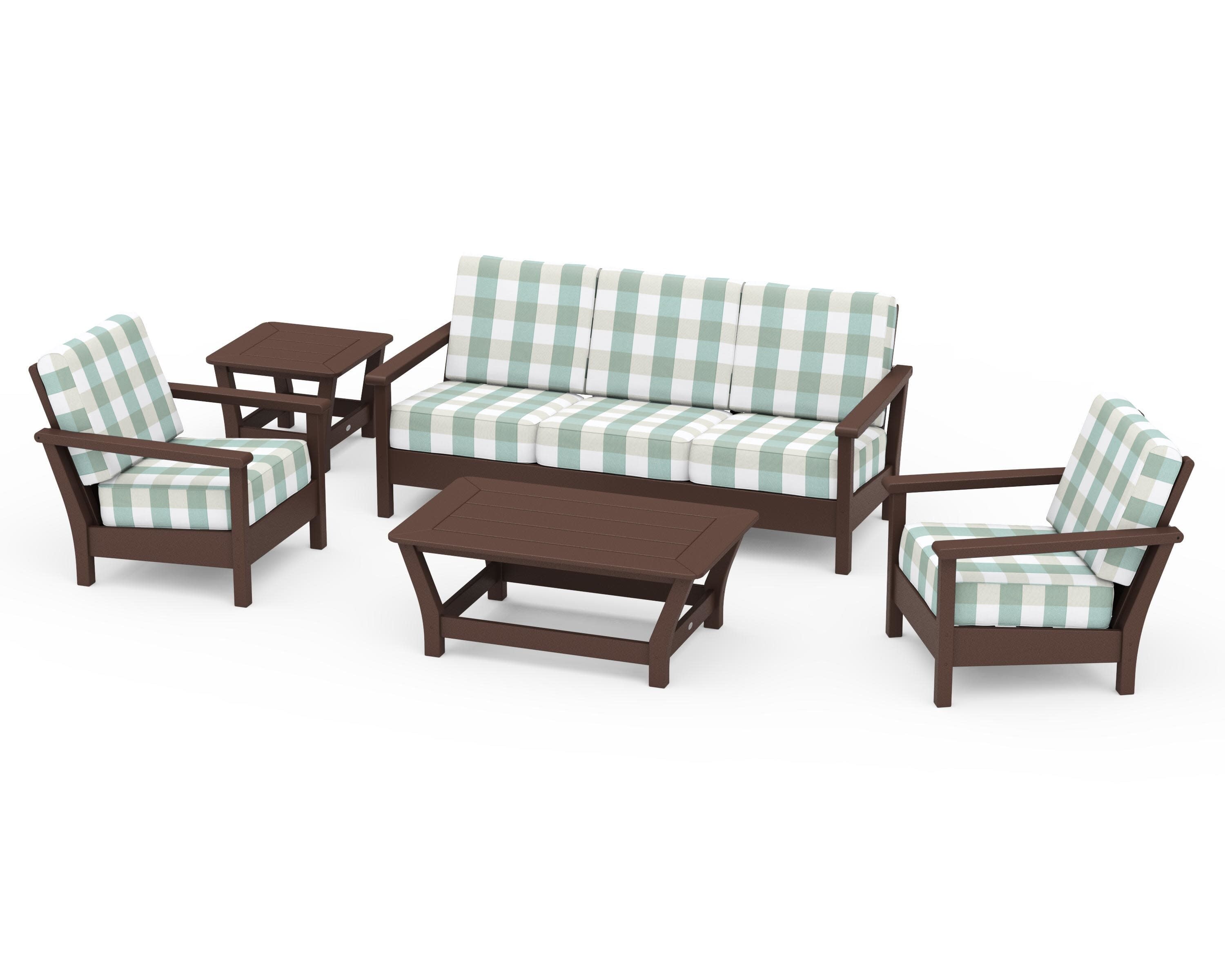 Harbour 5-Piece Deep Seating Set in Mahogany / Buffalo Plaid Glacier Spa