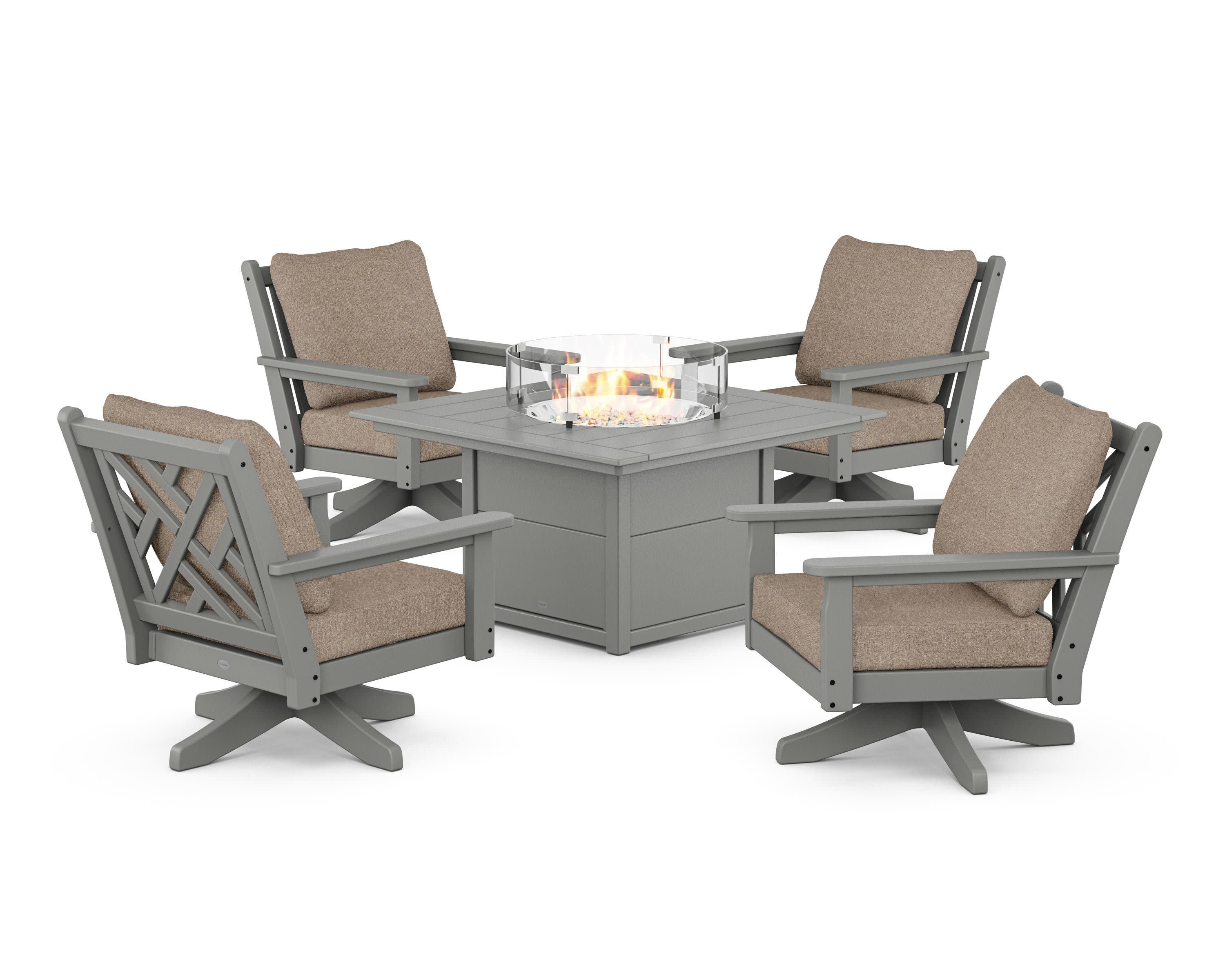 Chippendale 5-Piece Deep Seating Swivel Conversation Set with Fire Pit Table in Slate Grey / Spiced Burlap