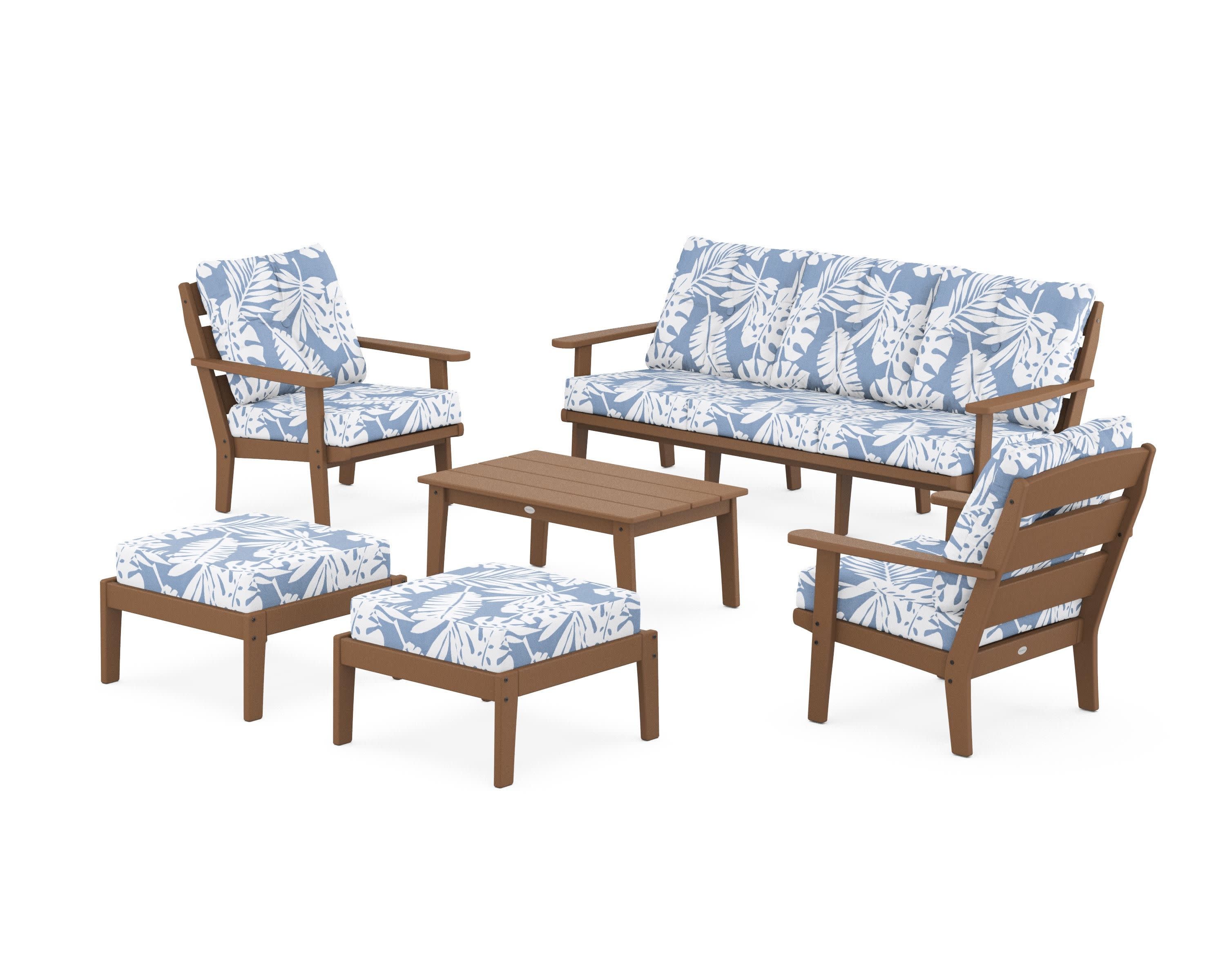 Lakeside 6-Piece Lounge Sofa Set in Teak / Leaf Sky Blue