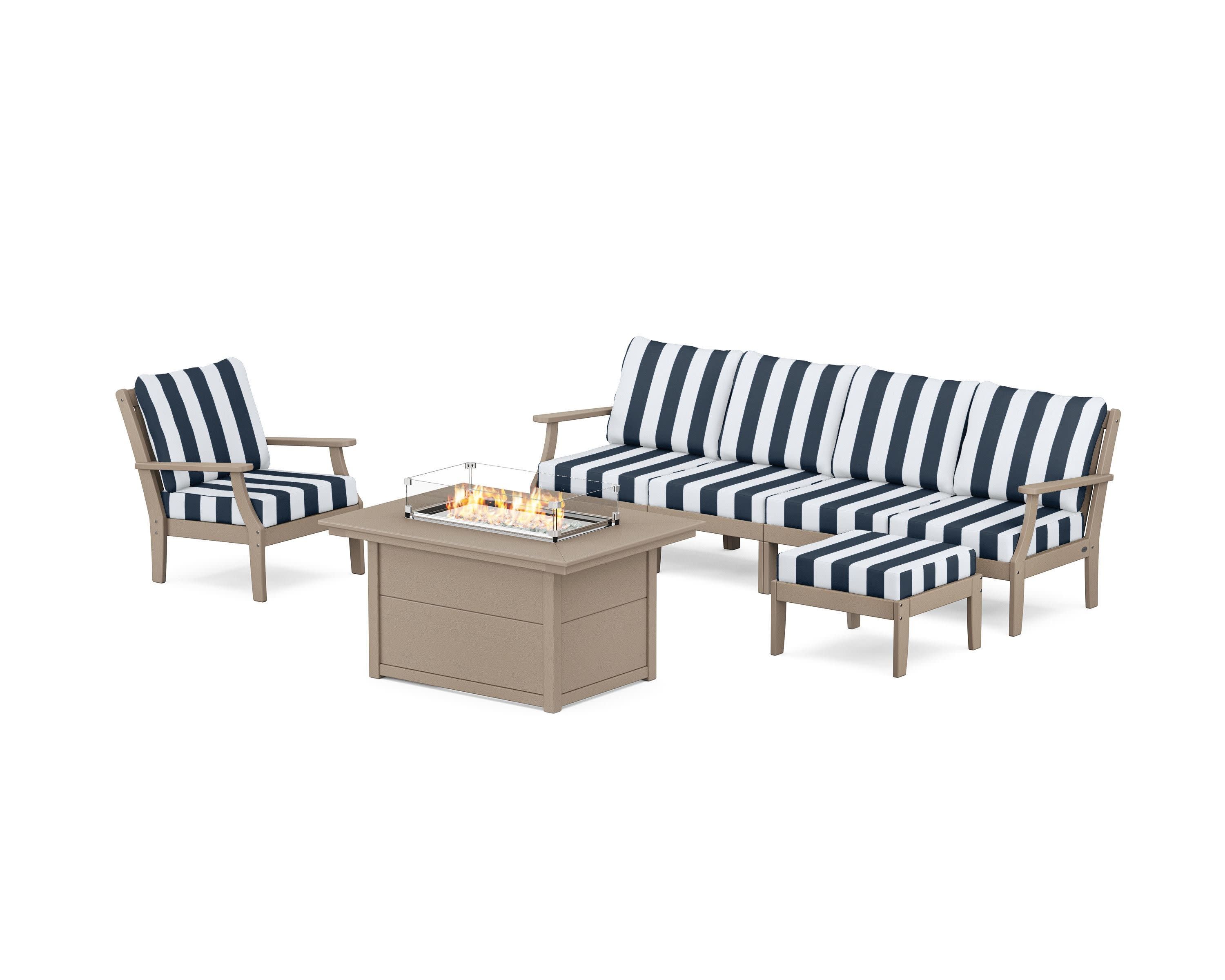 Braxton Sectional Lounge and Fire Pit Set in Vintage Sahara / Cabana Stripe Marine Indigo