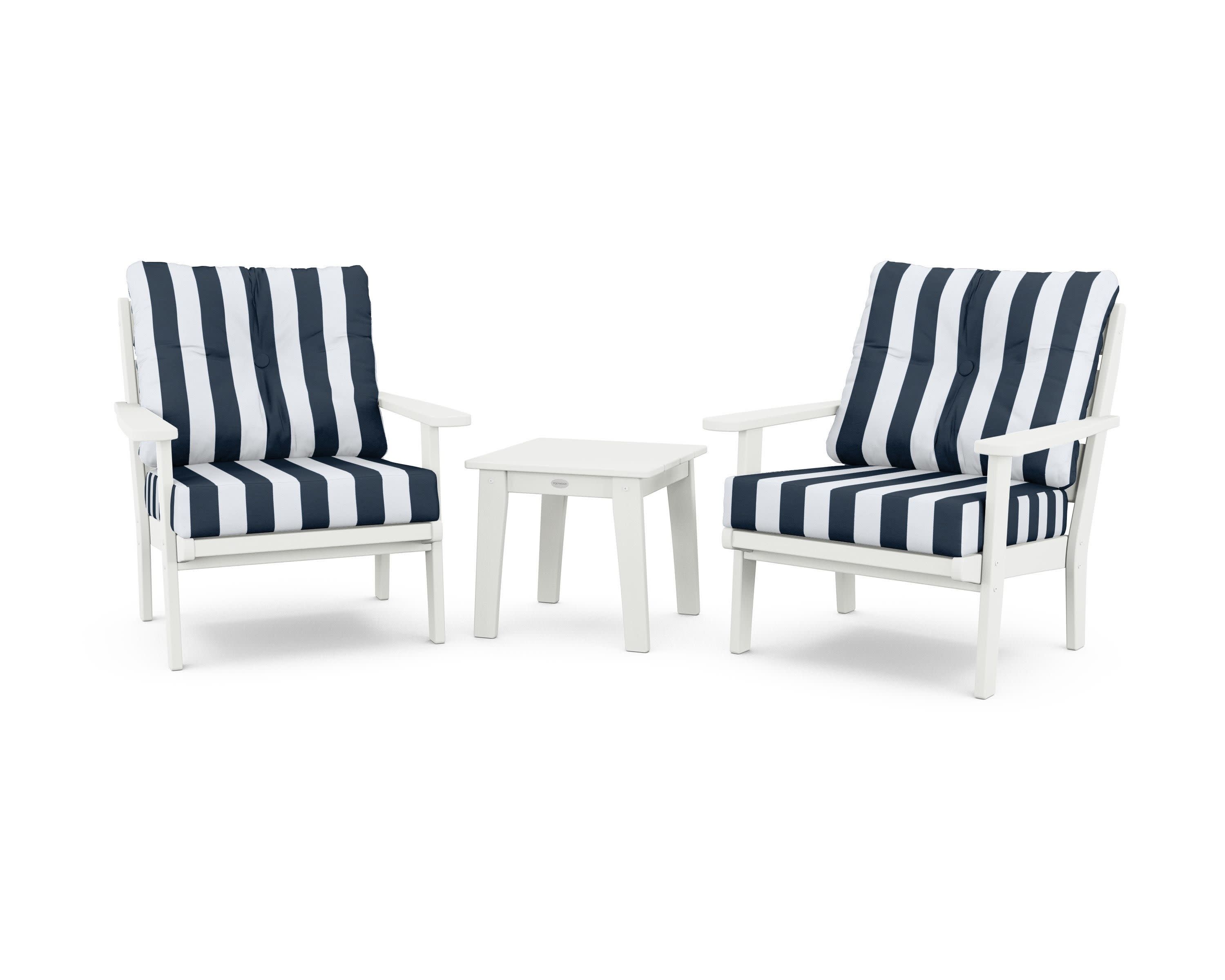 Lakeside 3-Piece Deep Seating Chair Set in Vintage White / Cabana Stripe Marine Indigo