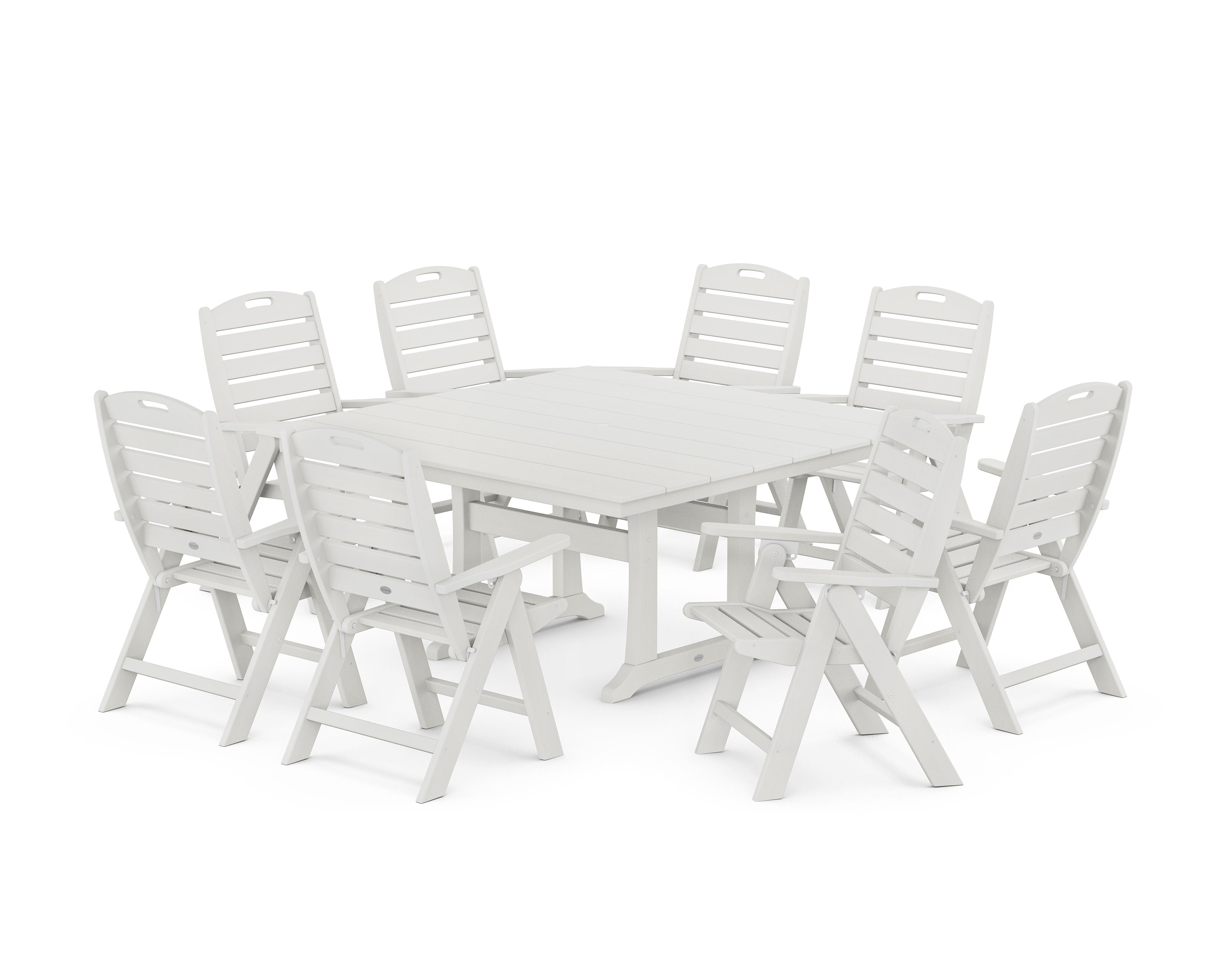 Nautical Highback 9-Piece Square Farmhouse Dining Set with Trestle Legs in Vintage White