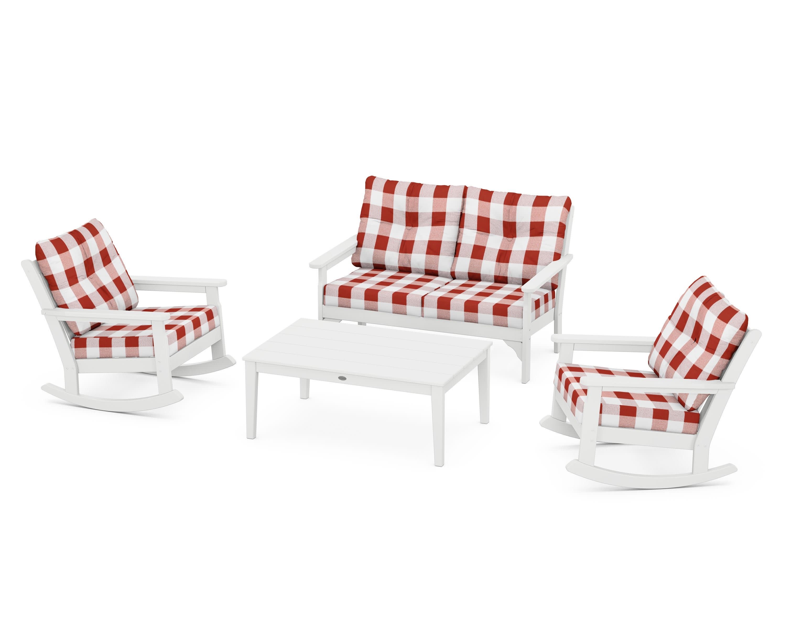 Vineyard 4-Piece Deep Seating Rocking Chair Set in White / Buffalo Plaid Crimson