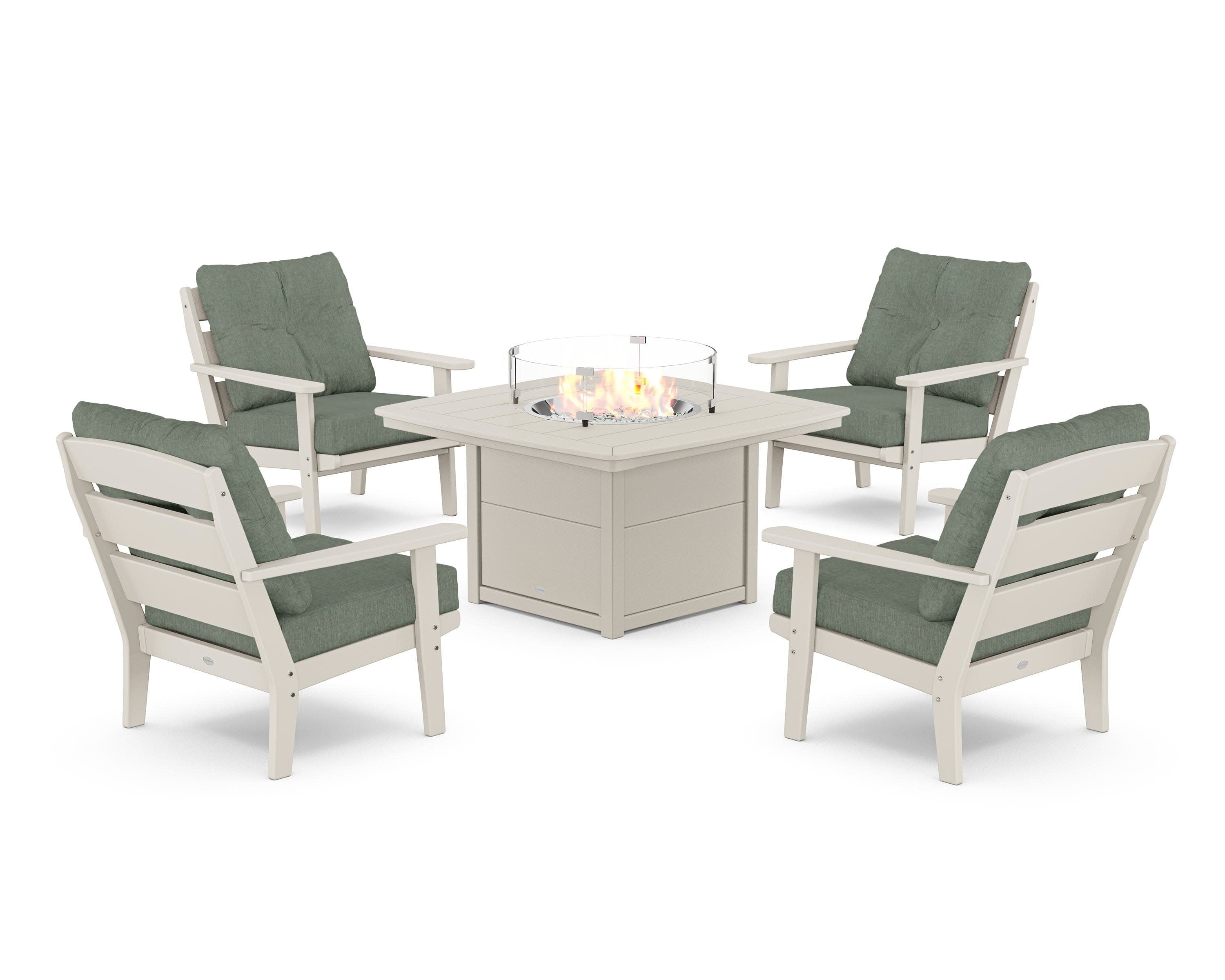 Lakeside 5-Piece Deep Seating Set with Nautical Fire Pit Table in Sand / Cast Sage