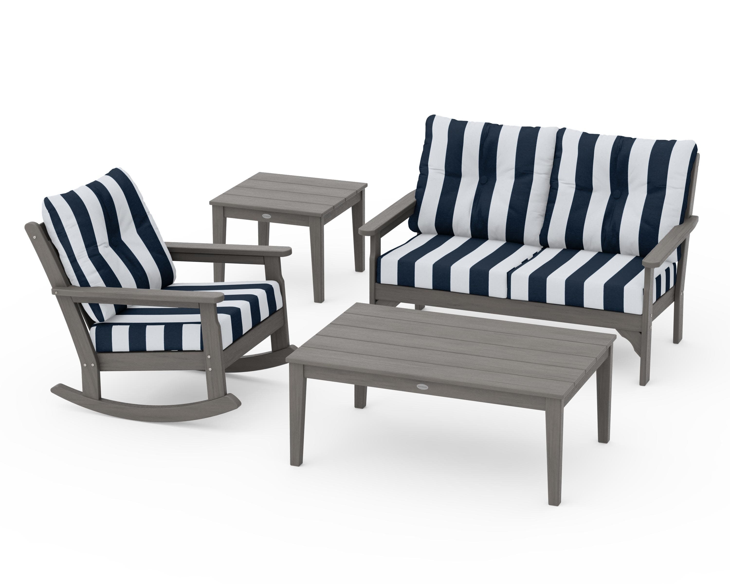 Vineyard 4-Piece Deep Seating Rocker Set in Driftwood / Cabana Stripe Marine Indigo